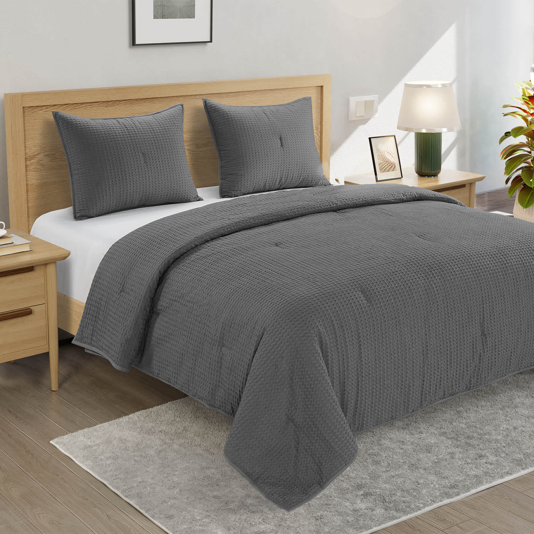 Crosby St. 3-Piece Grey Washed Waffle Cotton Quilt Set, Full/Queen