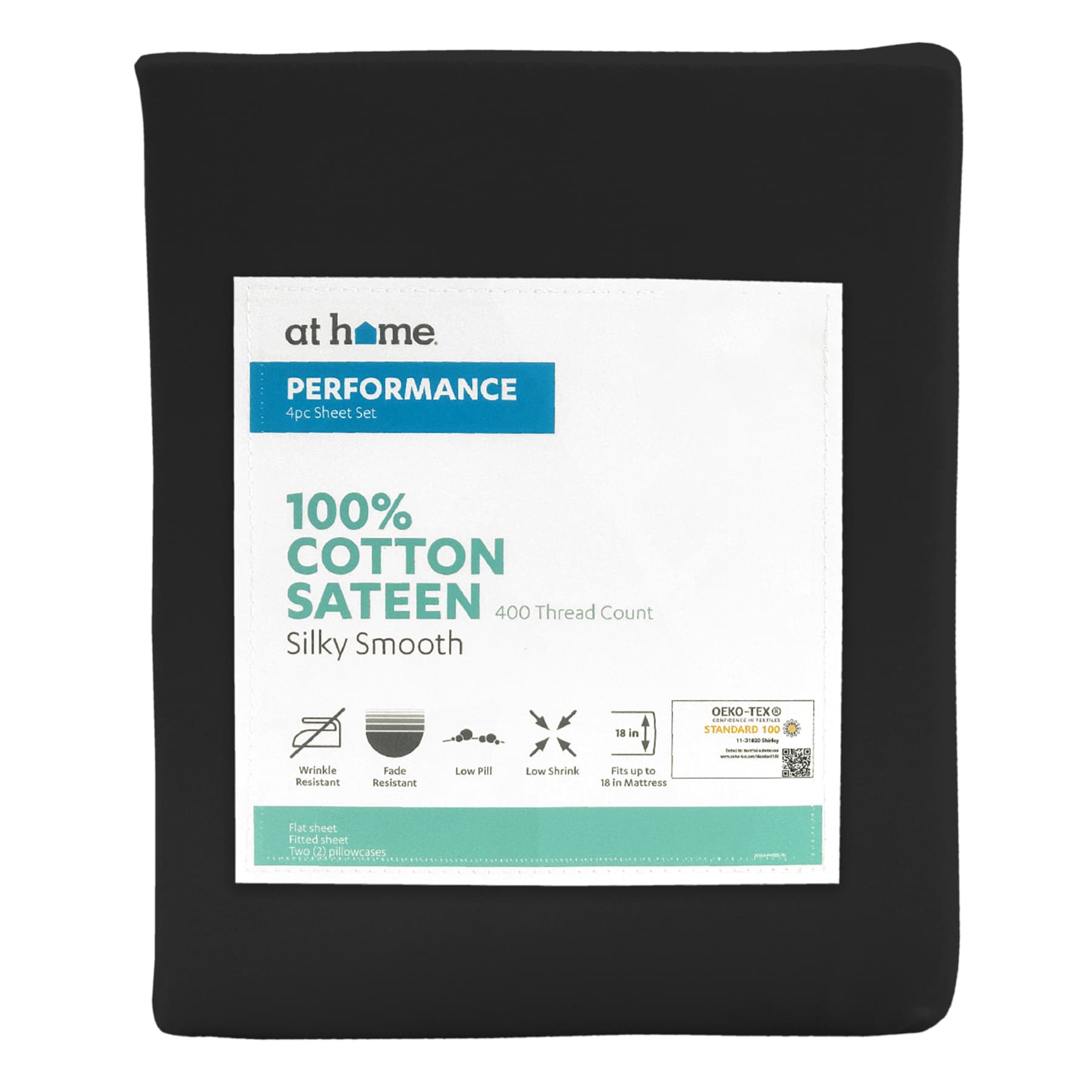 4-Piece Black 400 Thread Count Cotton Performance Sheet Set, Full
