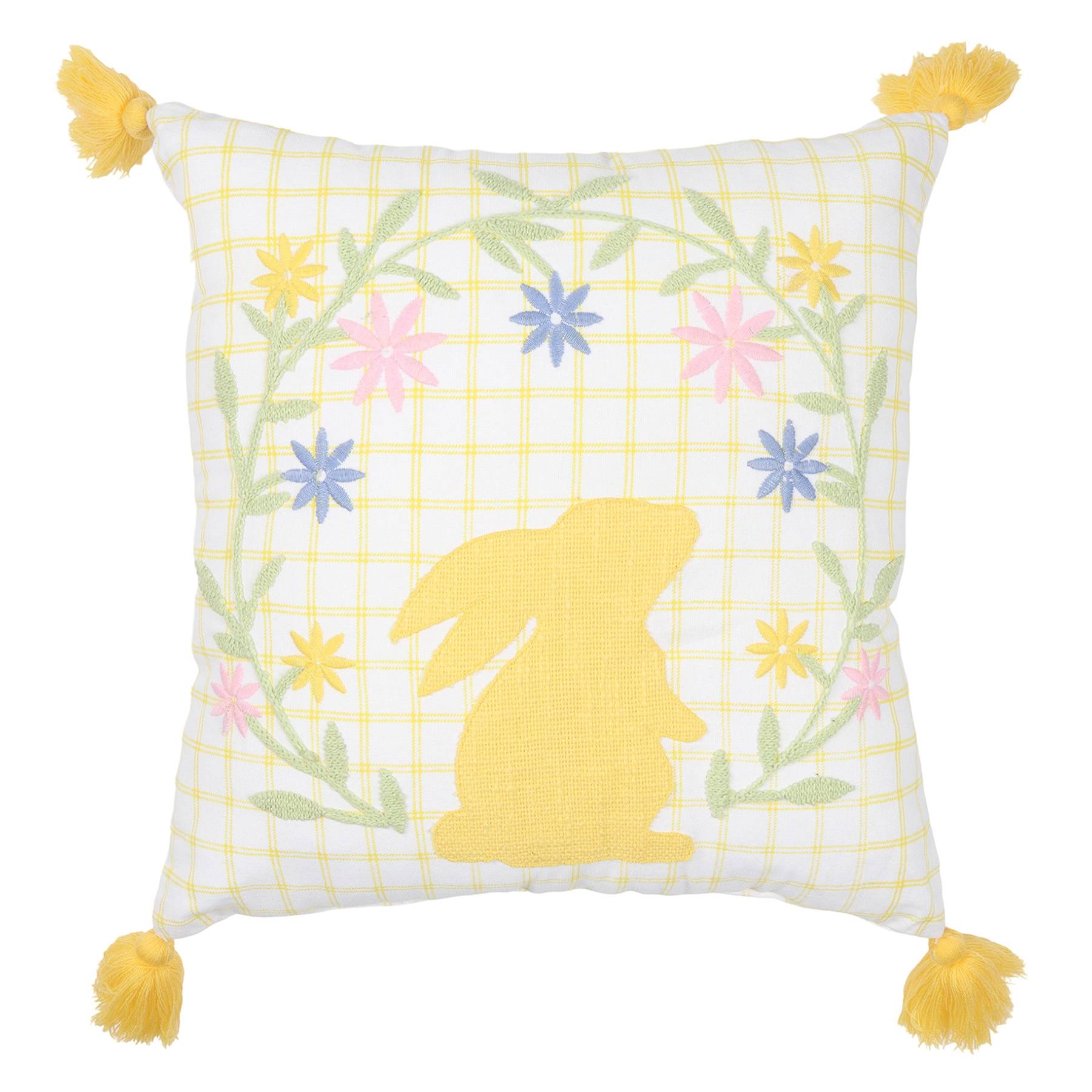 Bunny Embroidered Grid Print Easter Throw Pillow, 18"