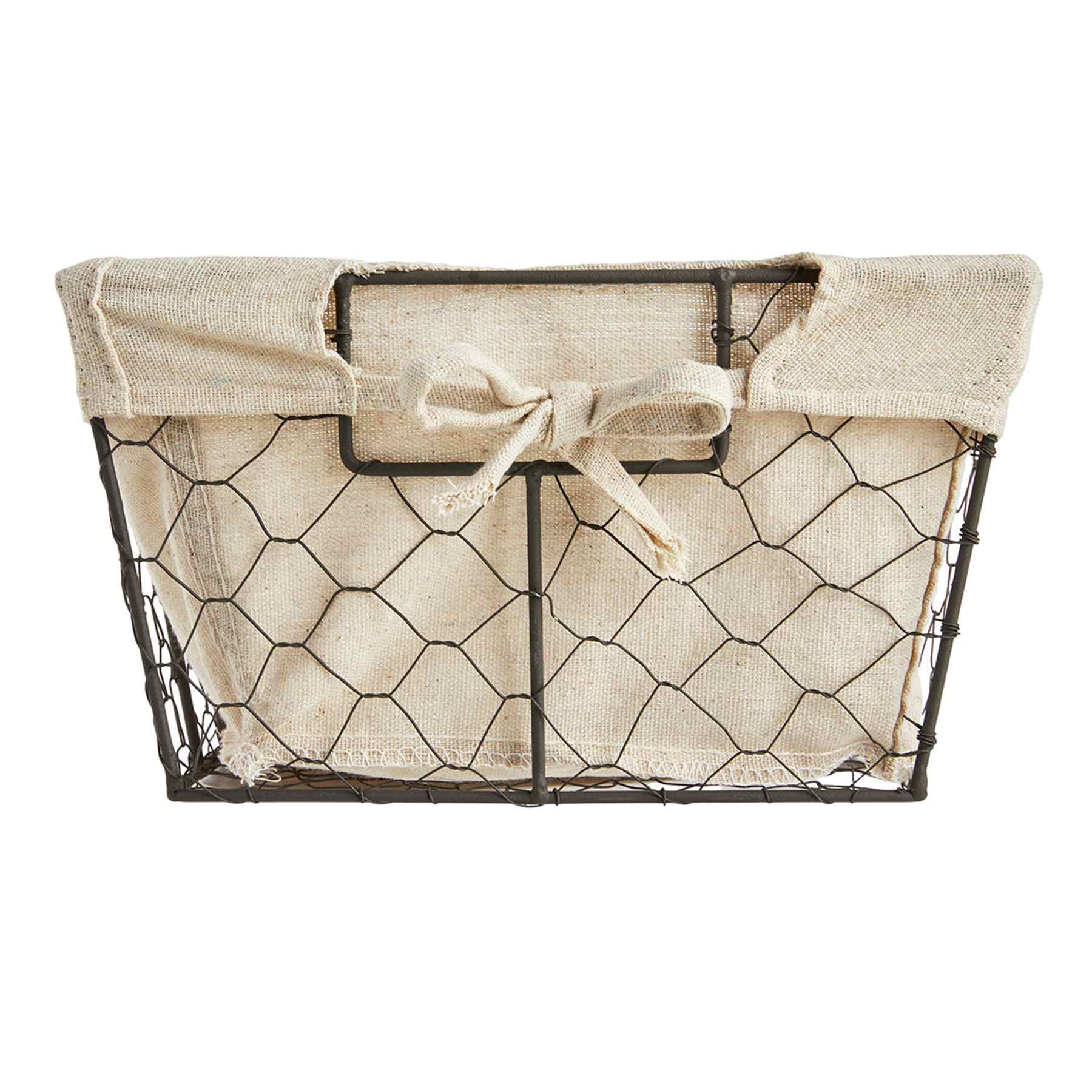 Metal Wire Storage Basket with Burlap Liner, Medium