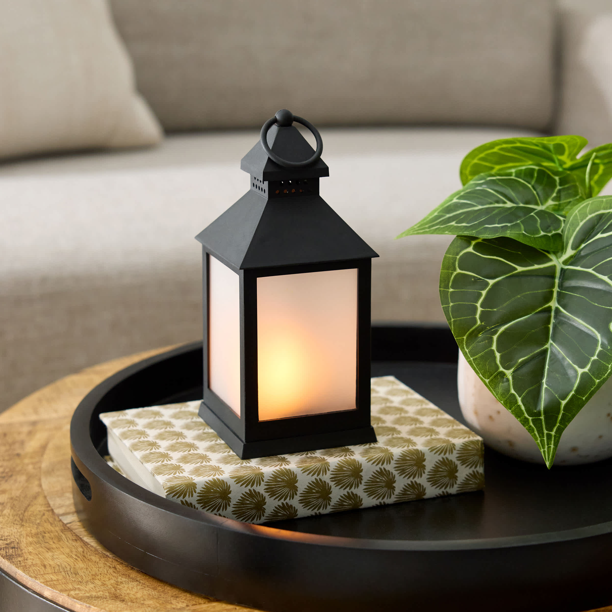 Black LED Flame Lantern, 9.5"