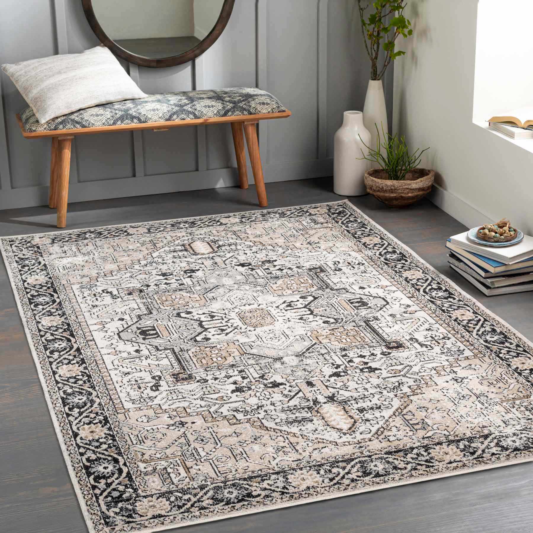 (D600) Lavadora Black & Taupe Medallion Washable Area Rug, 5x7