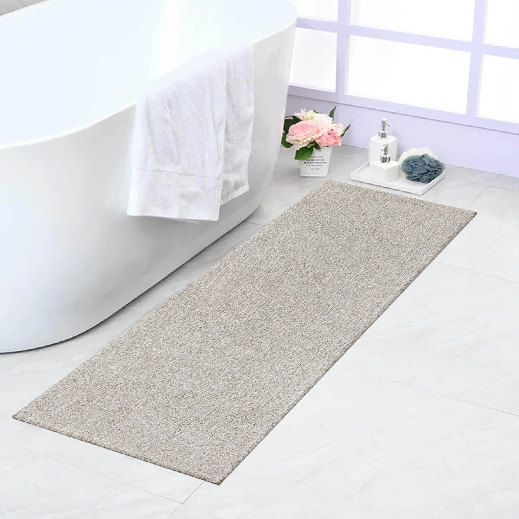 Striped Tan And White Bath Runner 22X60