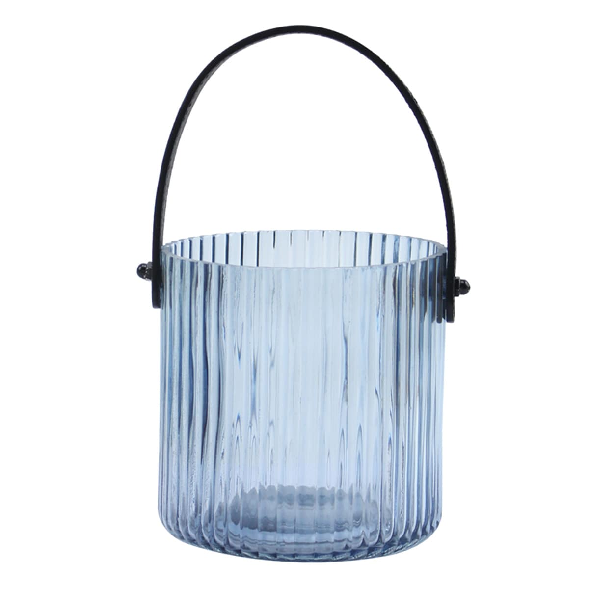 Blue Ribbed Glass Lantern with Black Leather Handle, 4.7"