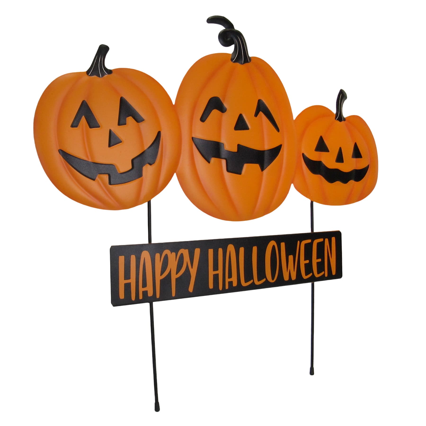 Happy Haunting Three Jack-o'-Lanterns with Happy Halloween Metal Yard Stake, 24"