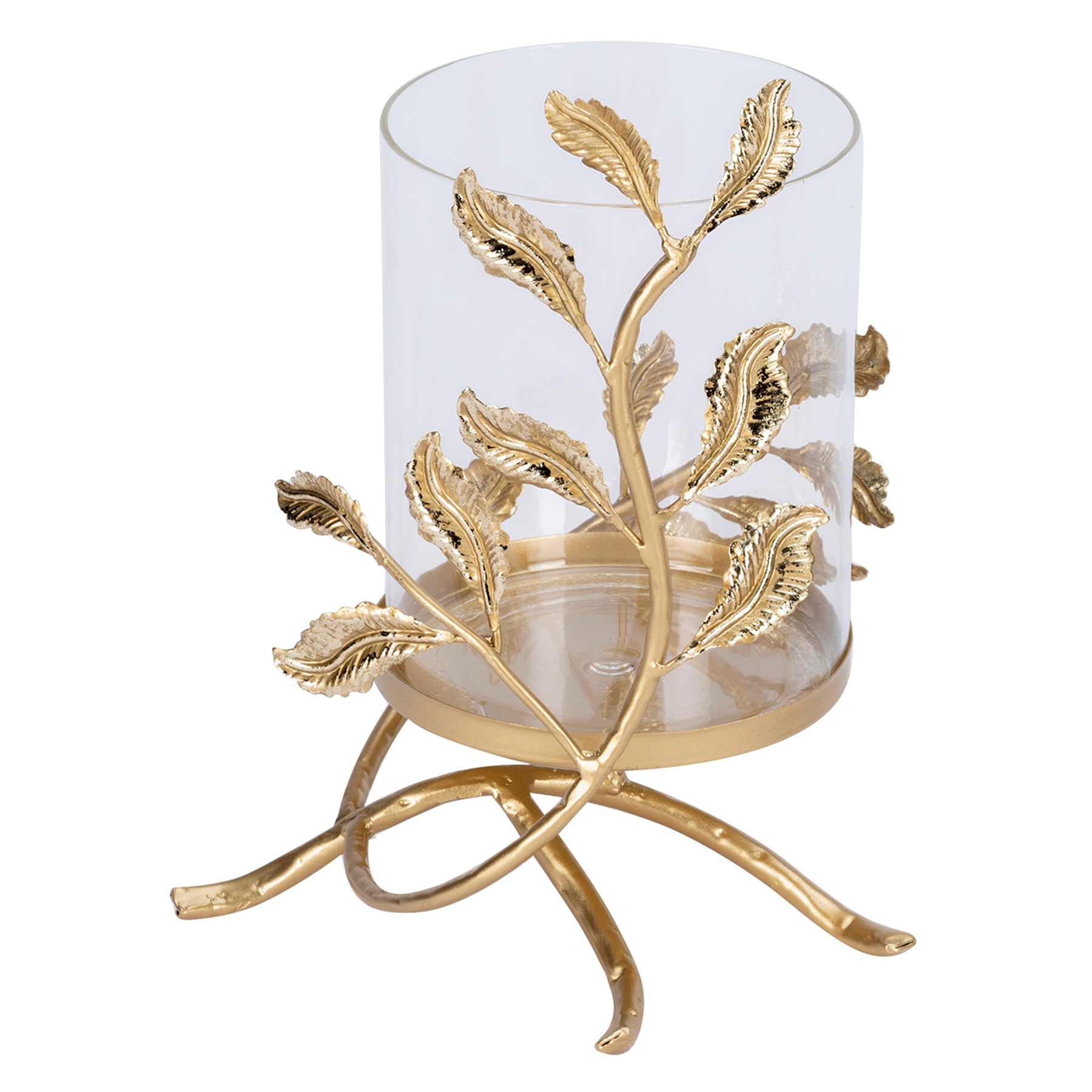 Providence Gold Metal Leaves & Glass Candle Holder, 10"