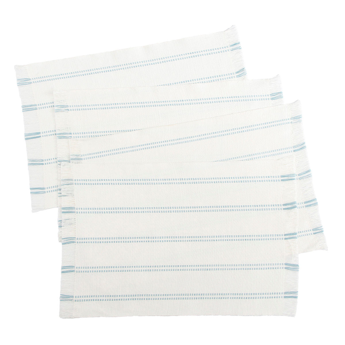 Set of 4 Woven Ribbed Placemats with Cameo Blue Stripes & Fringe
