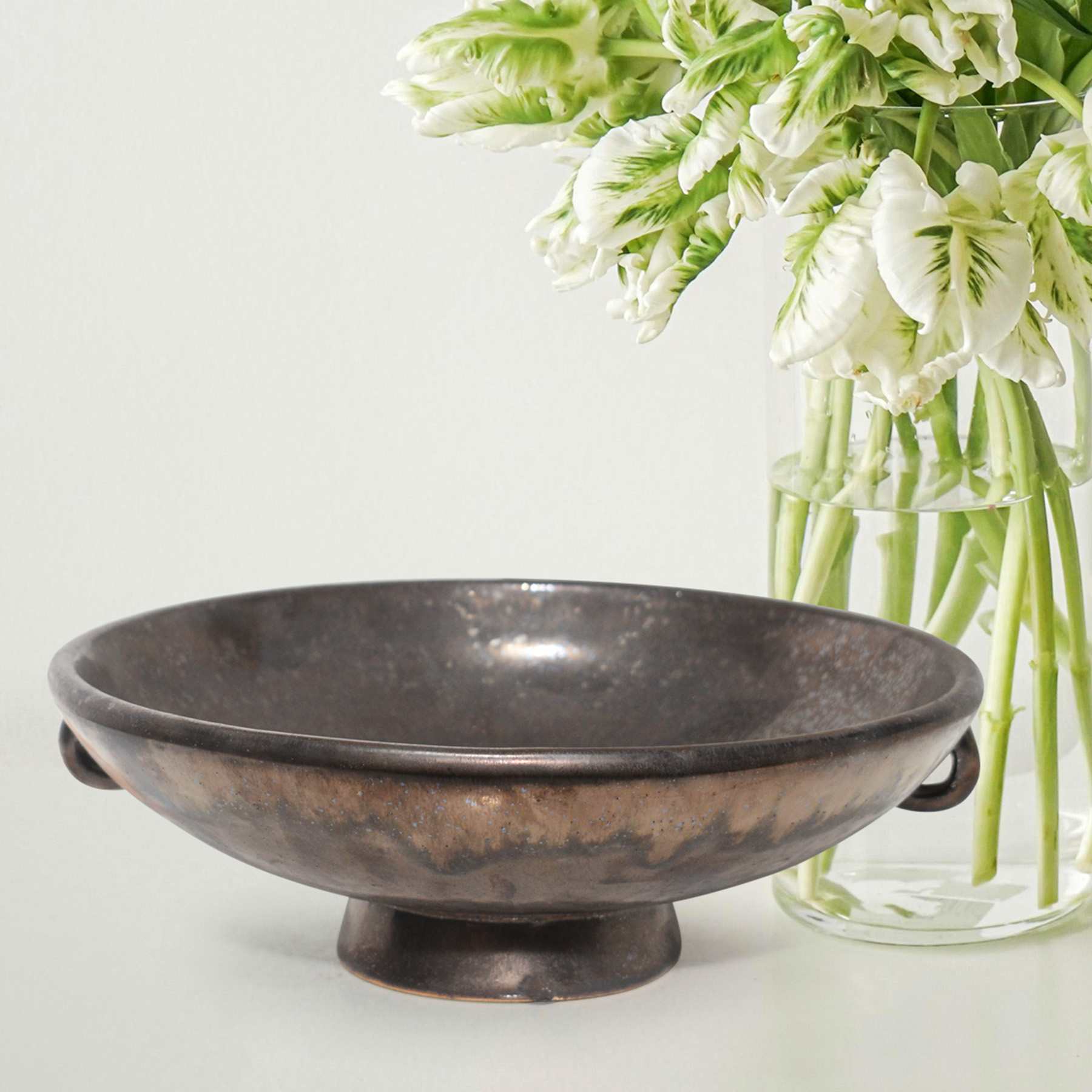 Bronze Ceramic Pedestal Bowl with Handles, 3.9x10.6