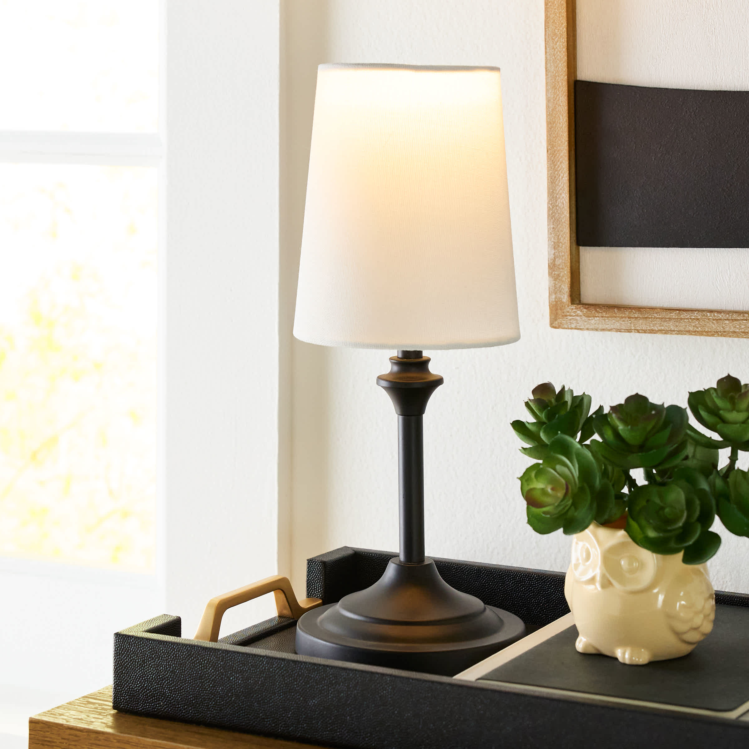 Black Metal Stick Mini Table Lamp with Shade, 13"