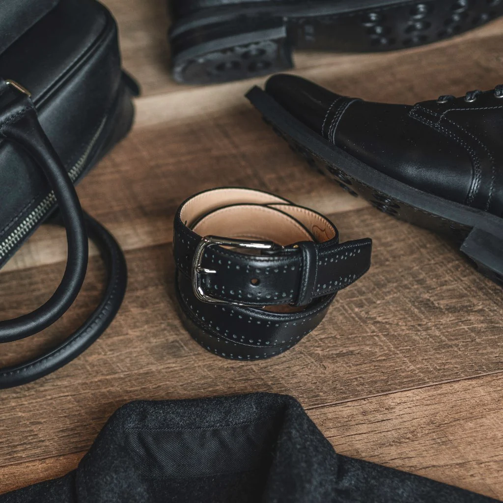 Men's Brogue Leather Belt | Black - Thursday Boots