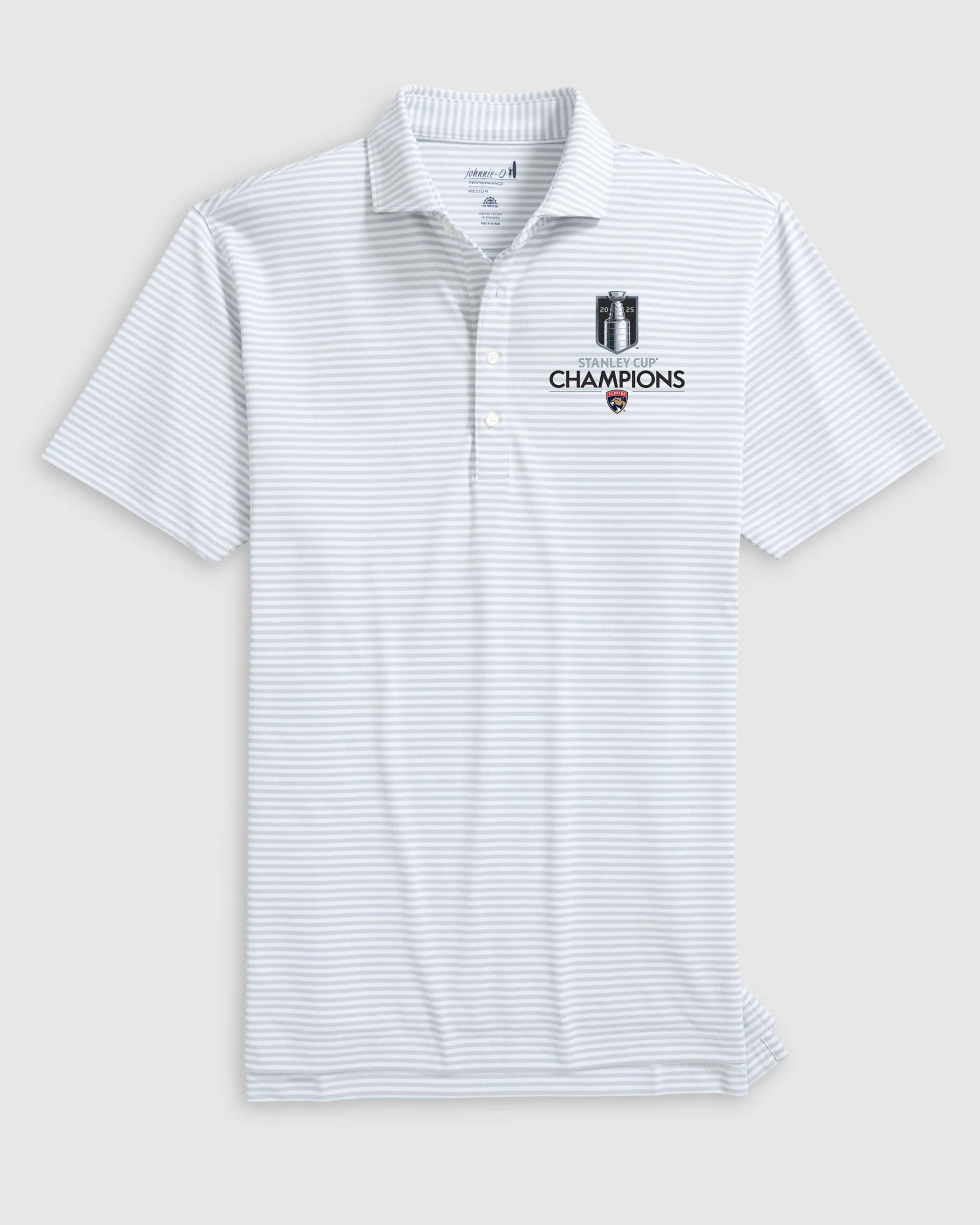 Florida Panthers Stetsons Striped Performance Mesh Polo - 2025 Stanley Cup Champions Logo