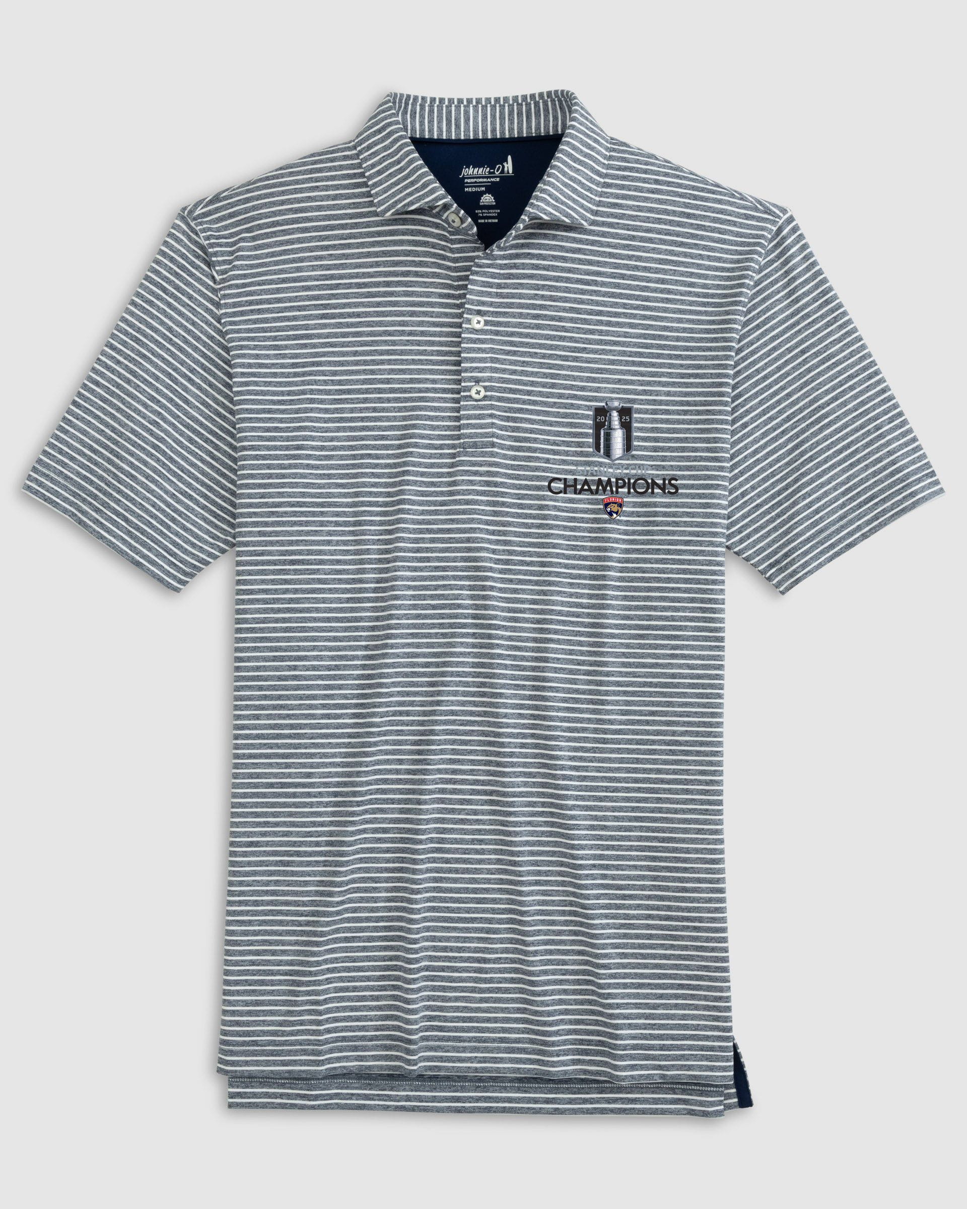Florida Panthers Clipperr Striped Jersey Performance Polo - 2025 Stanley Cup Champions Logo