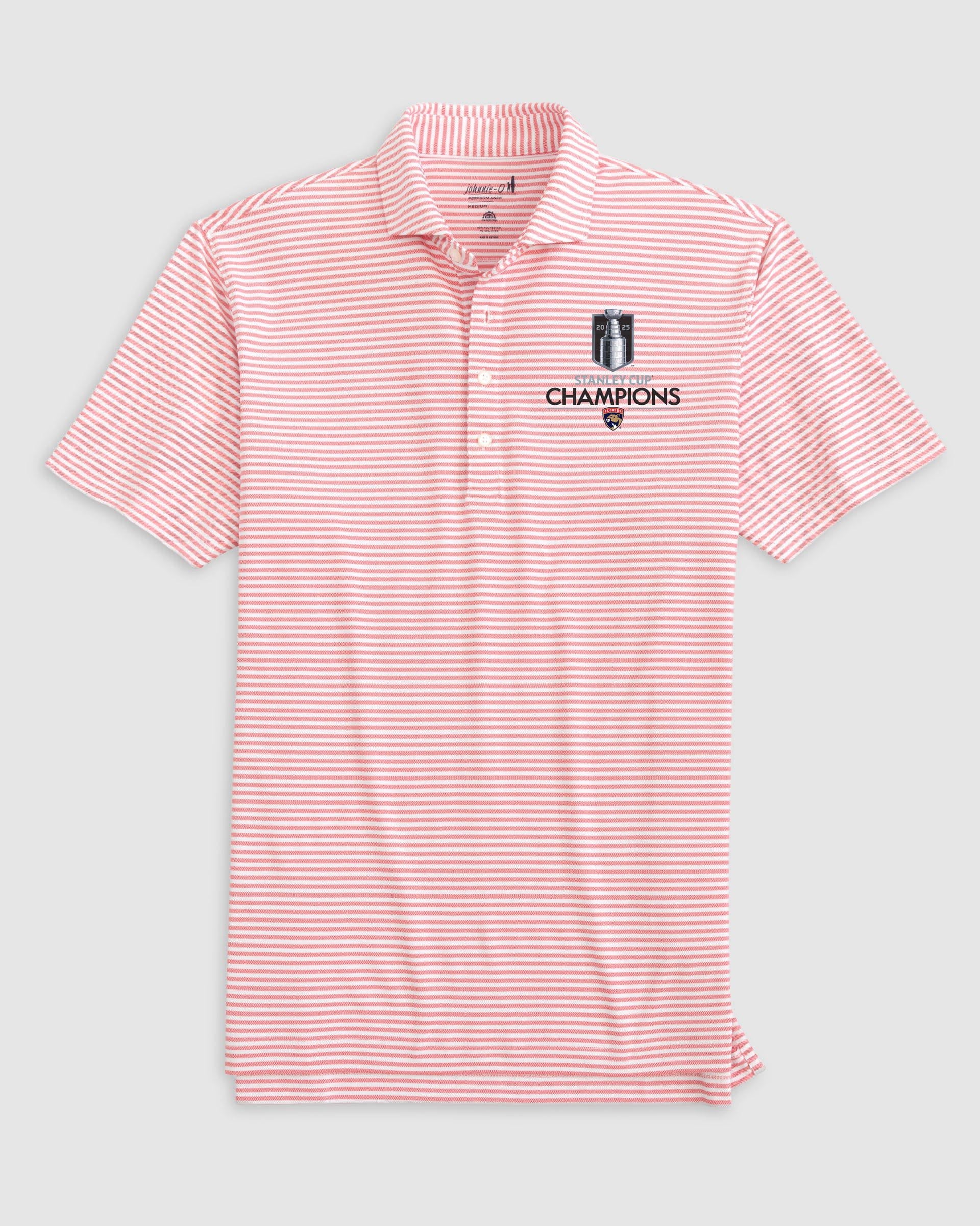 Florida Panthers Stetsons Striped Performance Mesh Polo - 2025 Stanley Cup Champions Logo