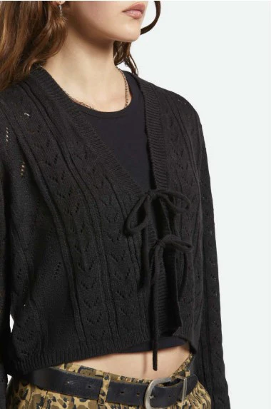 Brixton Womens Sweater Cropped Pointelle Tie Cardigan