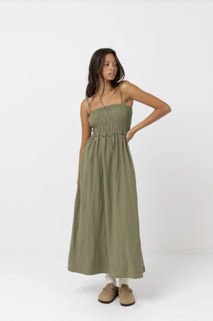 Rhythm Womens Dress Classic Shirred Midi