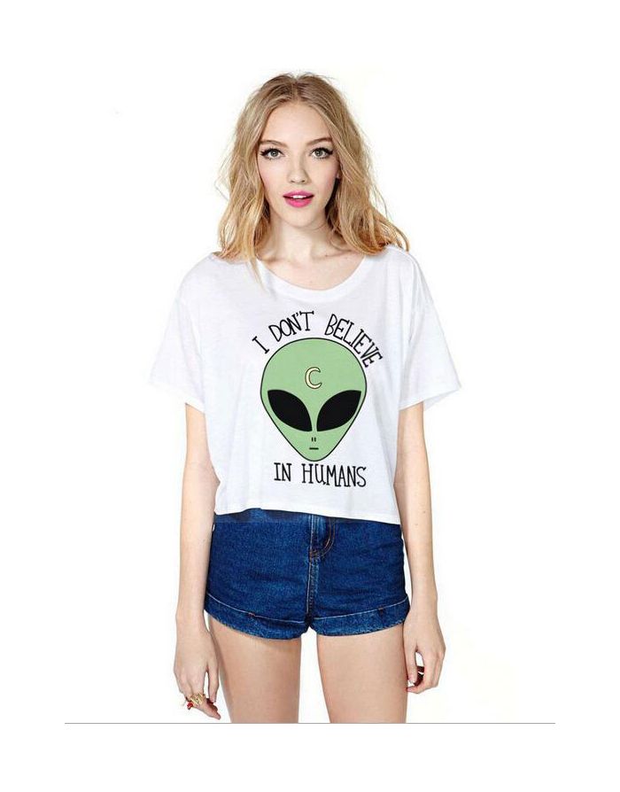Summer White 3D Aliens Letter Printed Short Sleeve Loose Cropped T-shirt