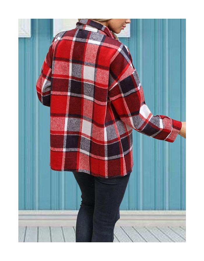 Fall Winter New Thick Plaid Shirt Lapel Long Sleeve Single Breasted Women Tops Coat
