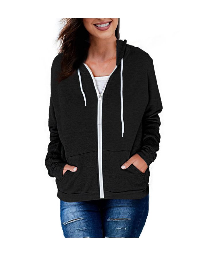 Fall Winter New Zipper Hooded Sweatshirt Women Pockets Loose Casual Solid Color Coat