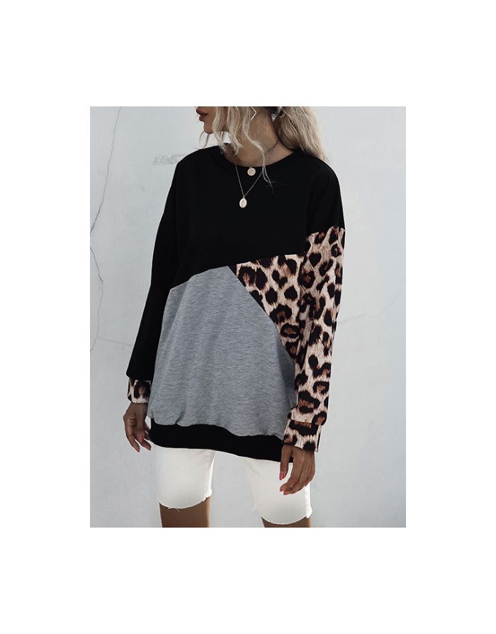 Fall New Women Long Sleeve Round Neck Leopard Print Stitching Color Pullover Sweatshirt