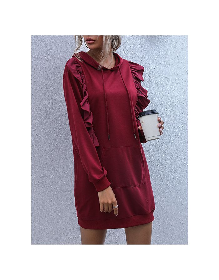 Women Fall Winter Long Sleeve Hooded Ruffled Solid Color Short Sweatshirt Dress