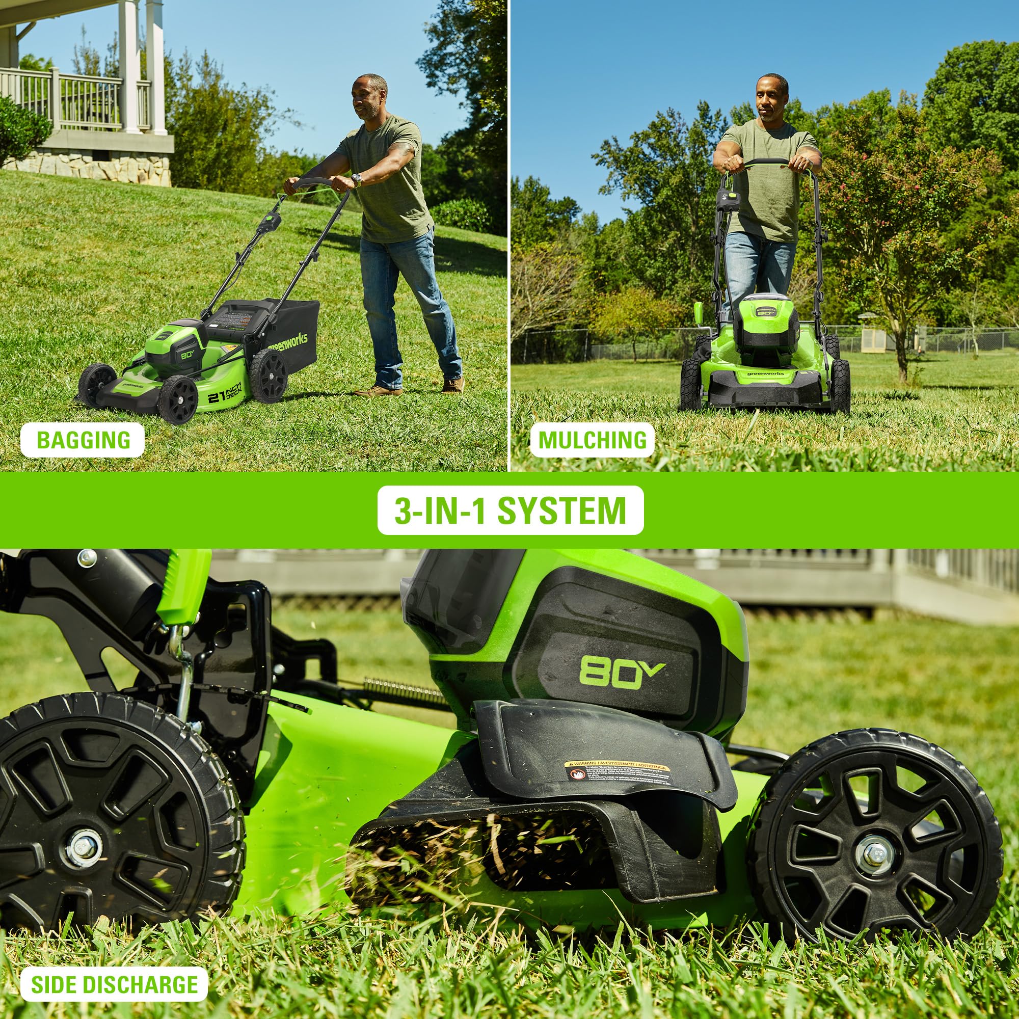 80V 21 Cordless Battery Brushless 3-in-1 Push Mower & 500CFM Axial Leaf Blower w/(2) 2.0Ah Batteries and Rapid Charger
