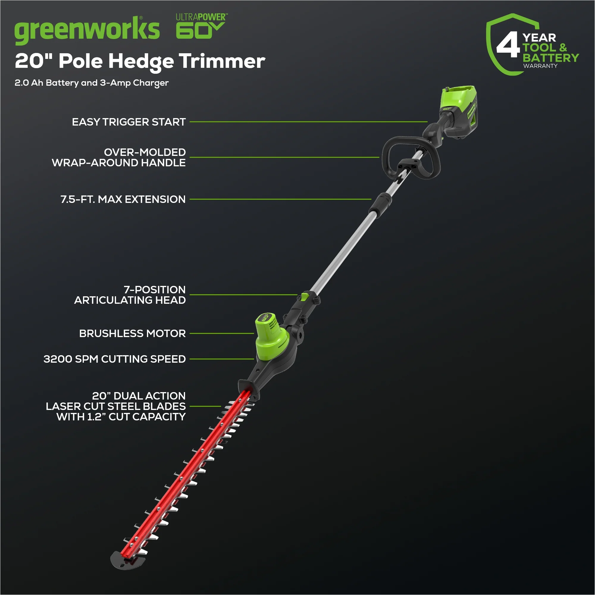 60V 20  7-Position Cordless Battery Pole Hedge Trimmer w/ 2.0 Ah Battery & Charger