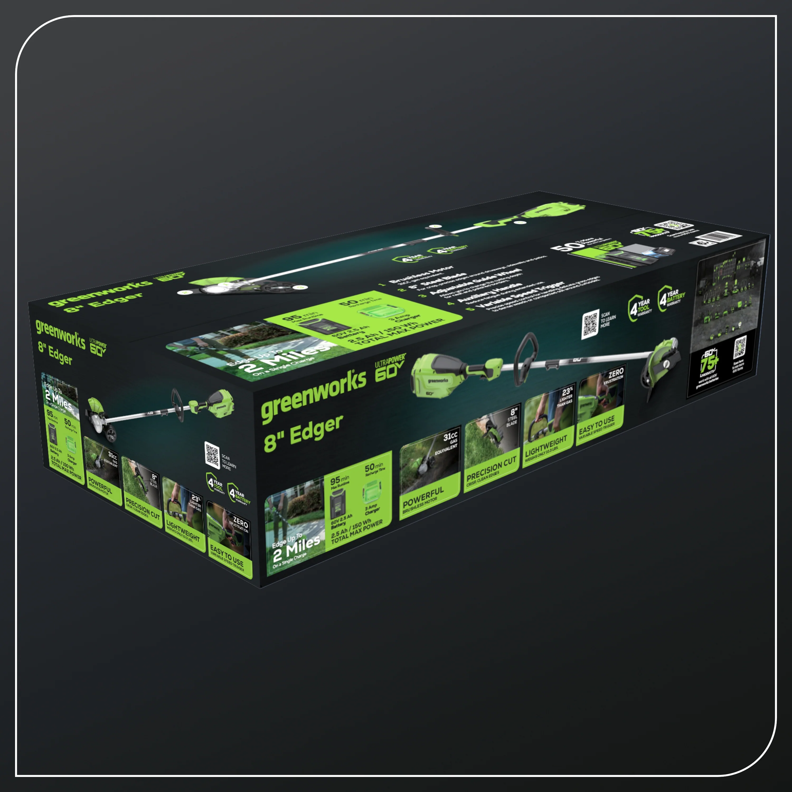 60V 8 Cordless Battery Edger w/ 2.5 Ah Battery and 3A Charger