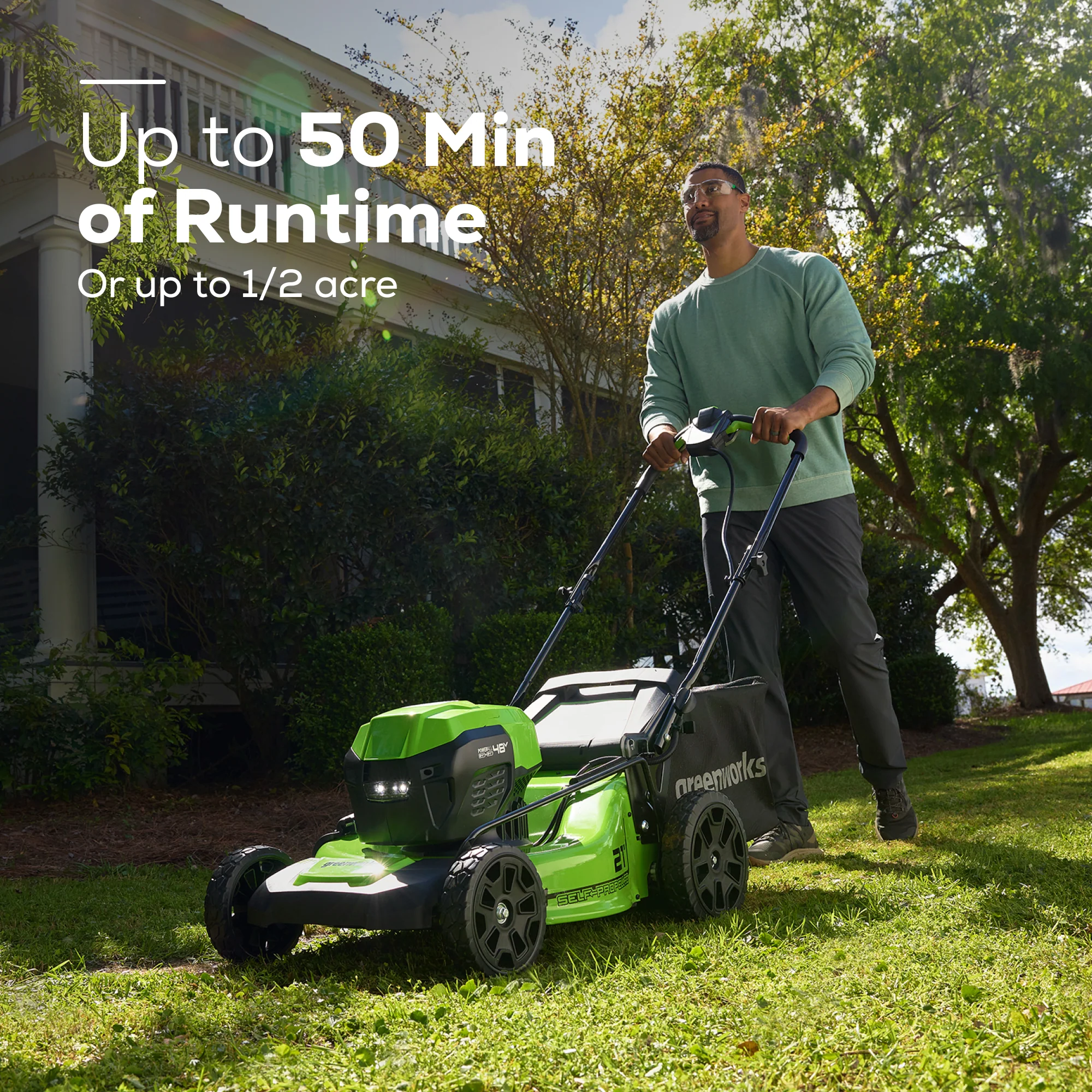 48V (2x24V) 21 Cordless Battery Self-Propelled Lawn Mower w/ Two (2) 5.0Ah USB Batteries & Dual Port Charger