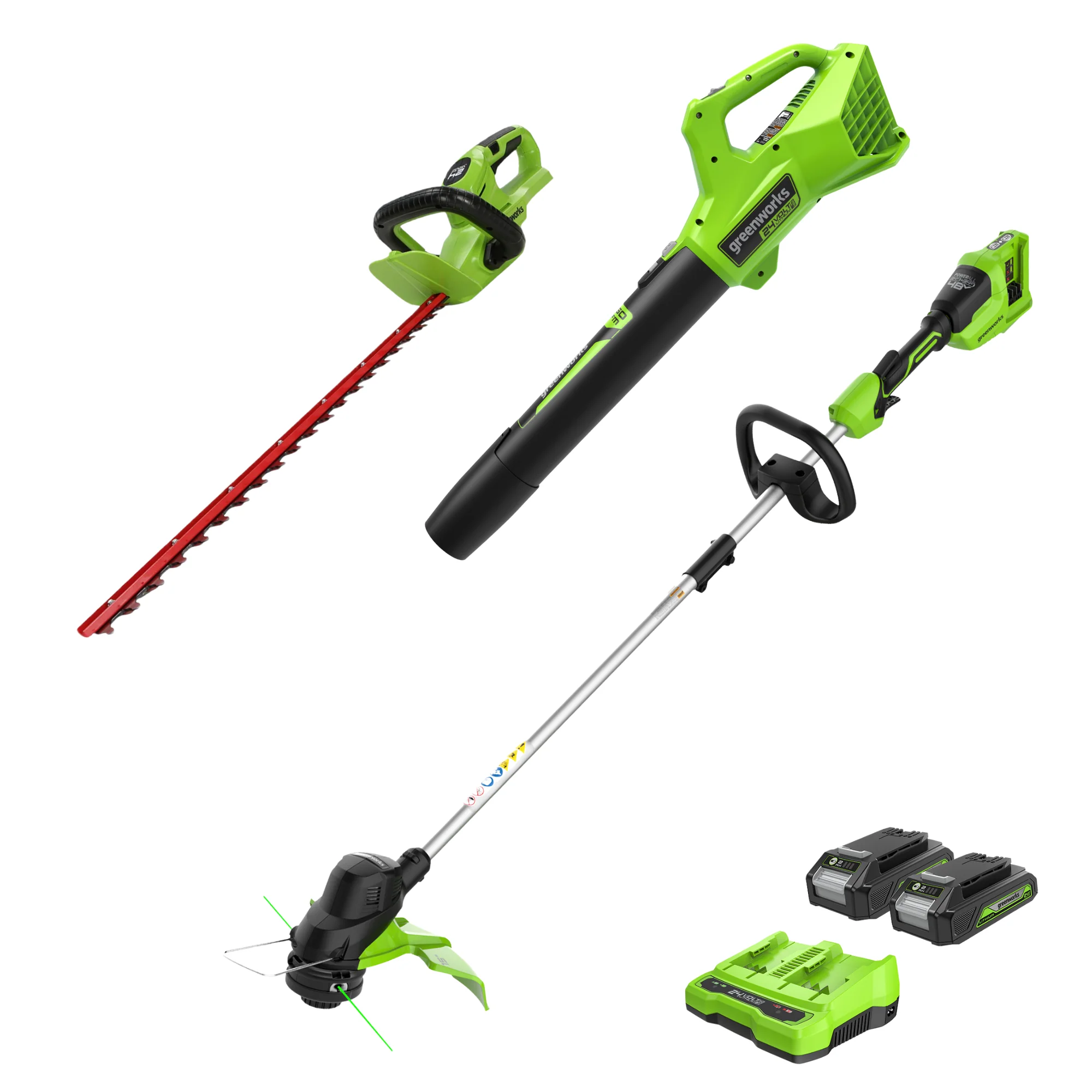 48V (2x24V) 15 Cordless Battery TORQDRIVE™ String Trimmer Combo Kit w/ 24V 320 CFM Blower & 24V 22 Hedge Trimmer w/ (2) 2.0Ah USB Batteries & Charger