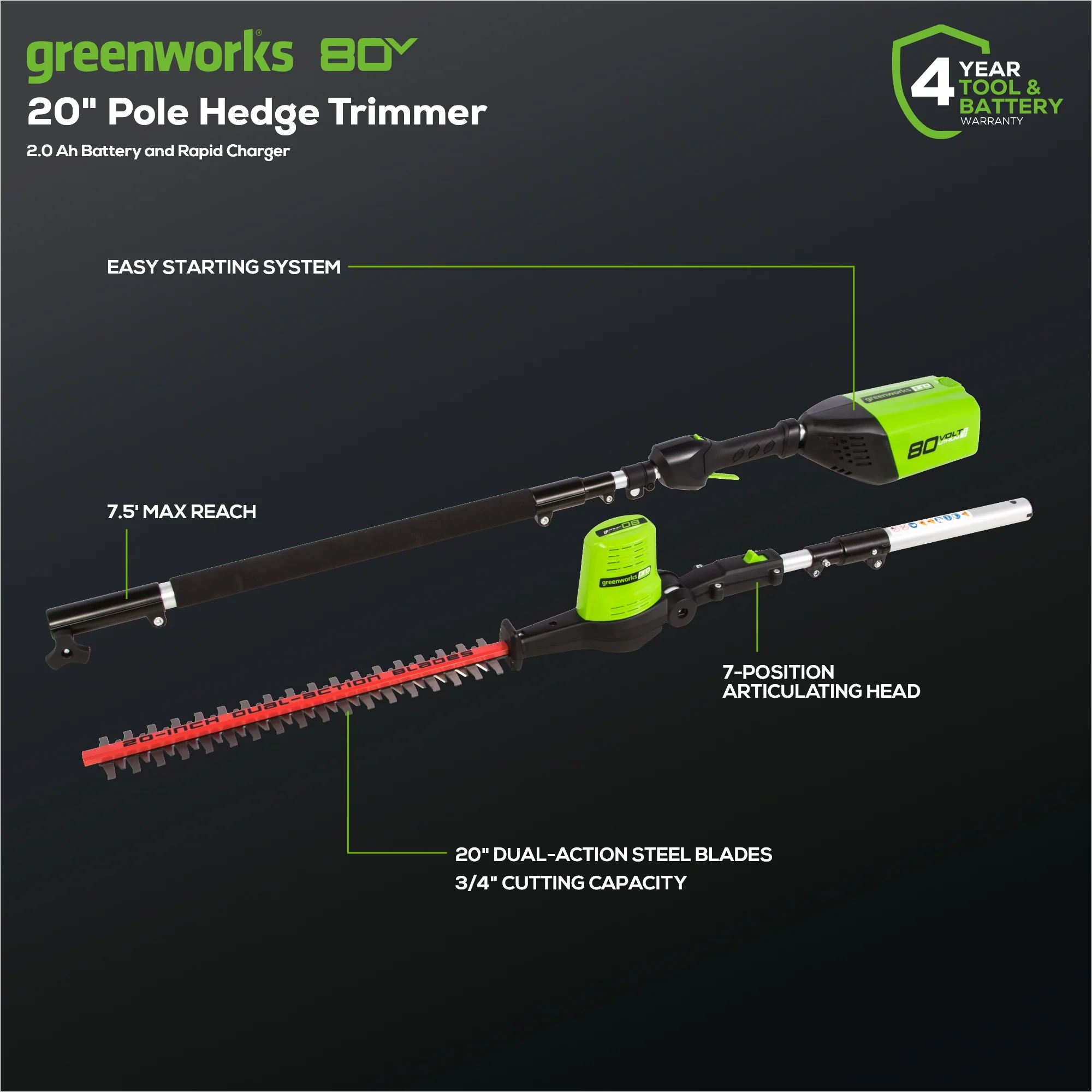 80V 20 Cordless Battery Pole Hedge Trimmer (3/4 cut, 3000 SPM) w/ 2.0Ah Battery & Charger
