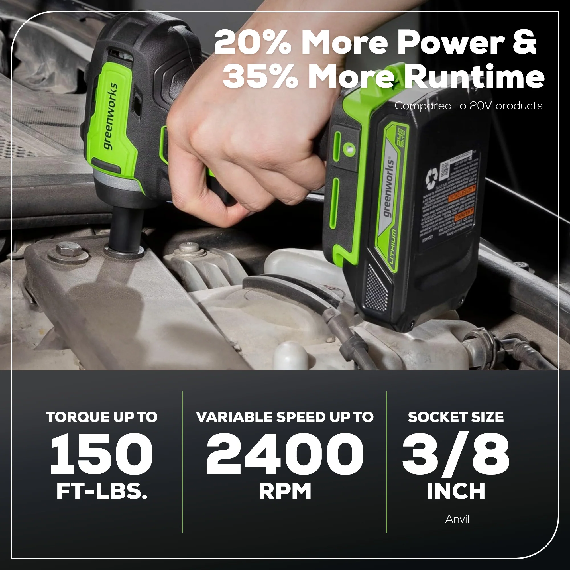 24V 3/8 Cordless Battery Impact Wrench w/ 2.0Ah Battery & Charger