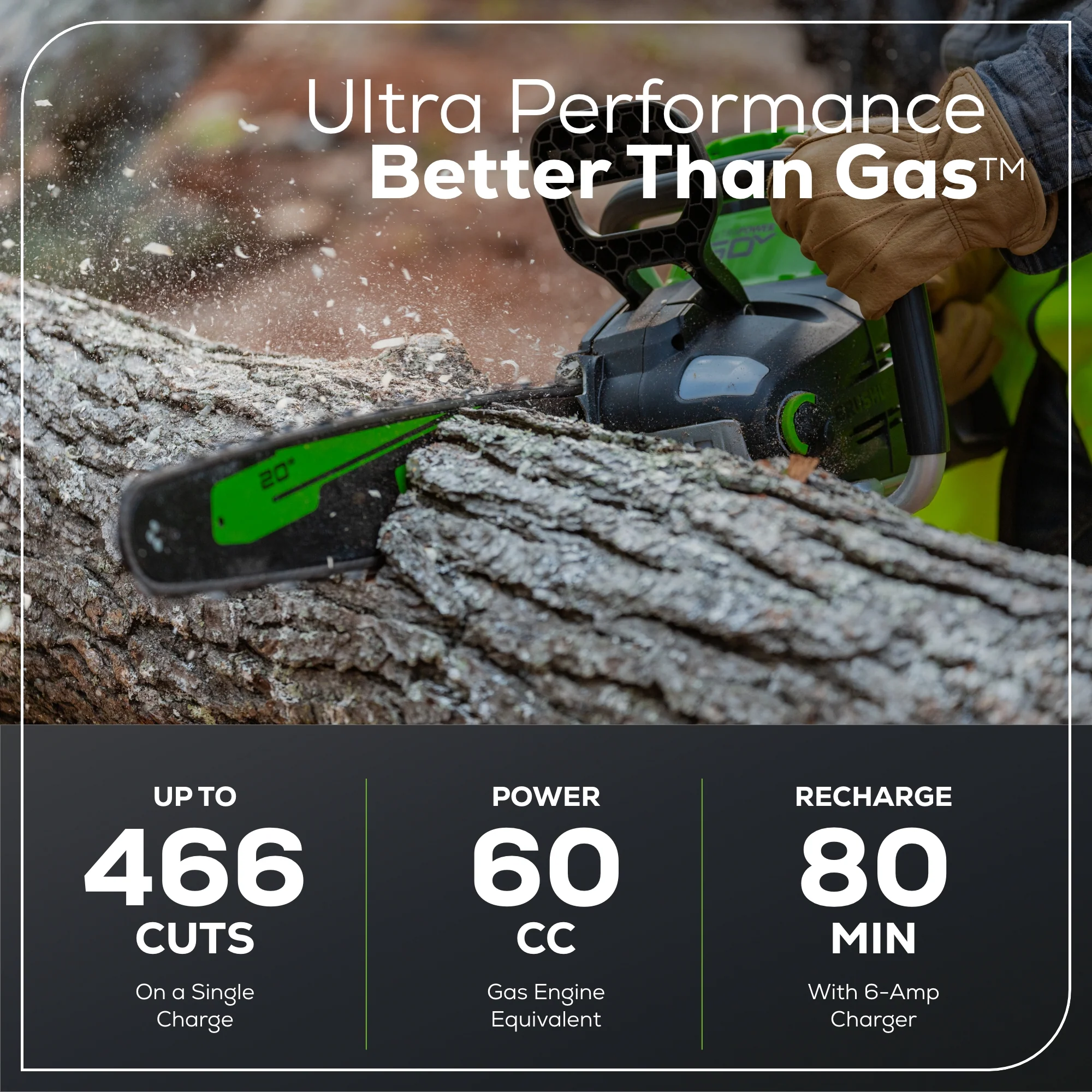 60V 20 Cordless Battery 3.2kW Chainsaw w/ 8.0Ah Battery & Rapid Charger