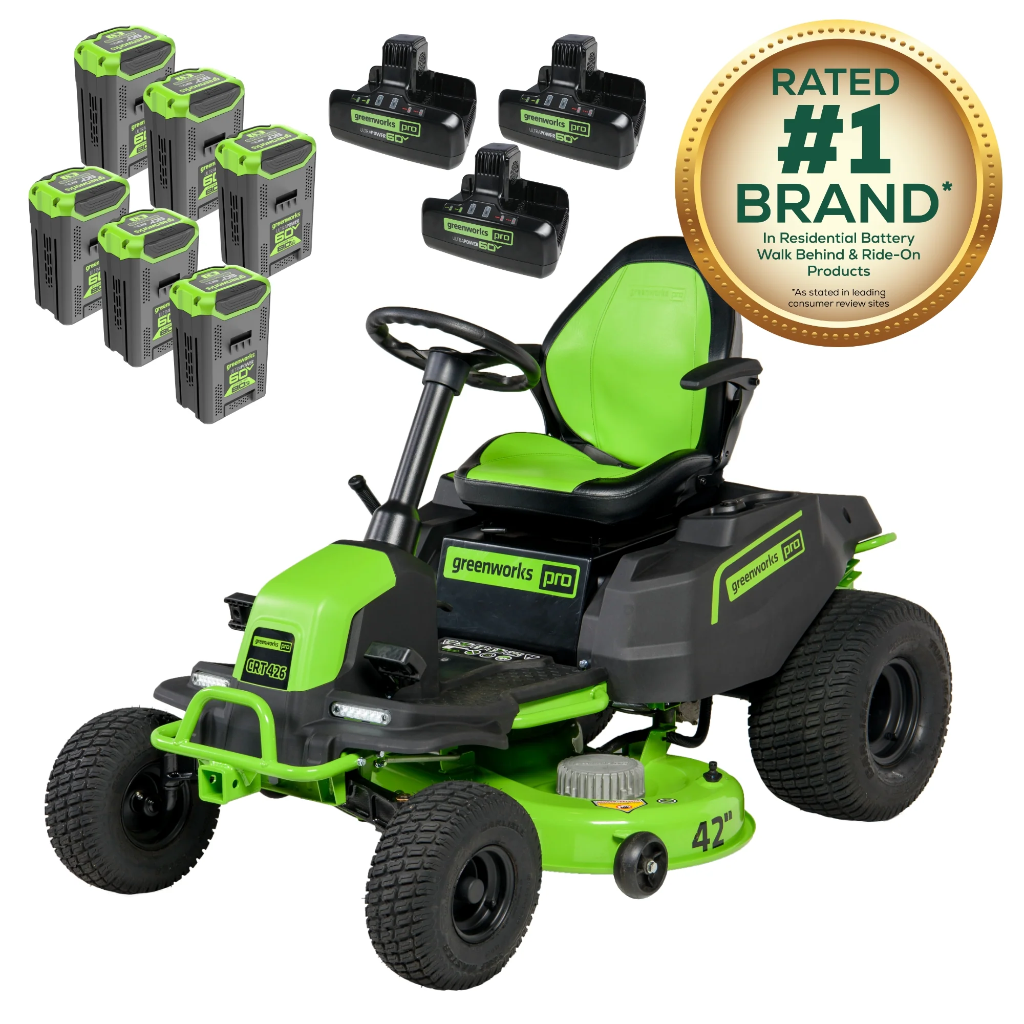 60V 42 Cordless Battery CrossoverT Riding Lawn Mower w/ Six (6) 8.0Ah Batteries and Three (3) Dual Port Turbo Chargers