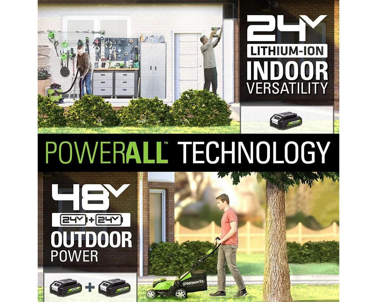 48V (2x24V) 17 Cordless Battery Push Mower & FREE Drill/Driver Combo Kit w/ (2) 4.0 Ah USB Batteries & Dual Port Charger