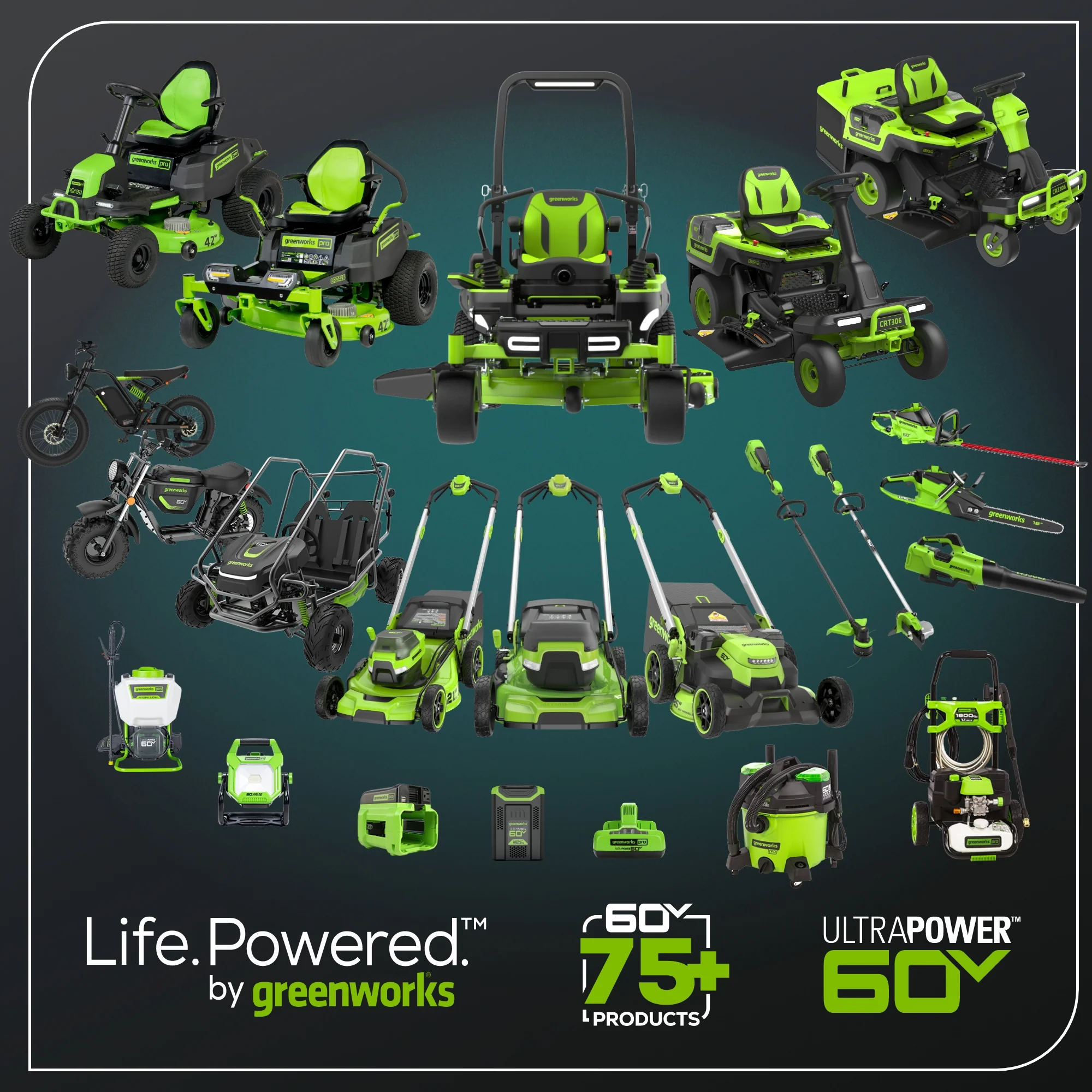 60V 42 Cordless Battery CrossoverT Riding Lawn Mower w/ Six (6) 8.0Ah Batteries and Three (3) Dual Port Turbo Chargers