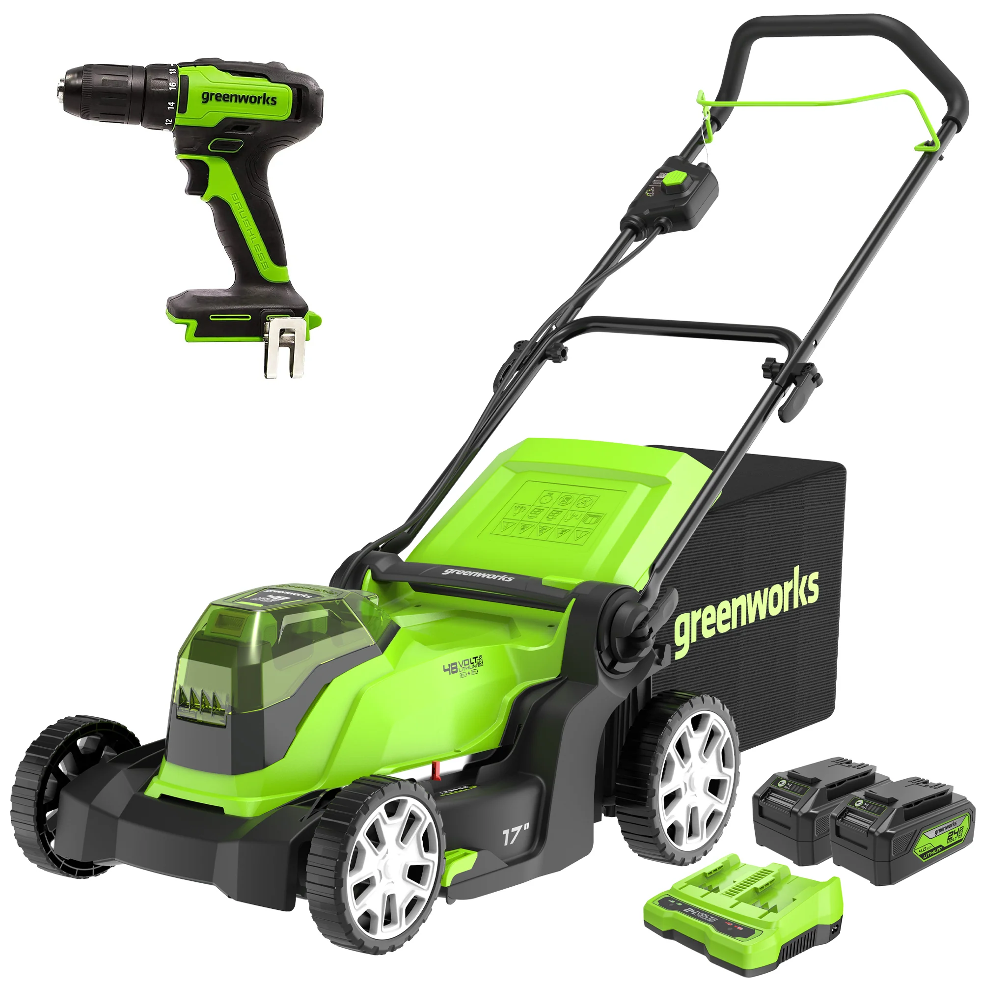 48V (2x24V) 17 Cordless Battery Push Mower & FREE Drill/Driver Combo Kit w/ (2) 4.0 Ah USB Batteries & Dual Port Charger