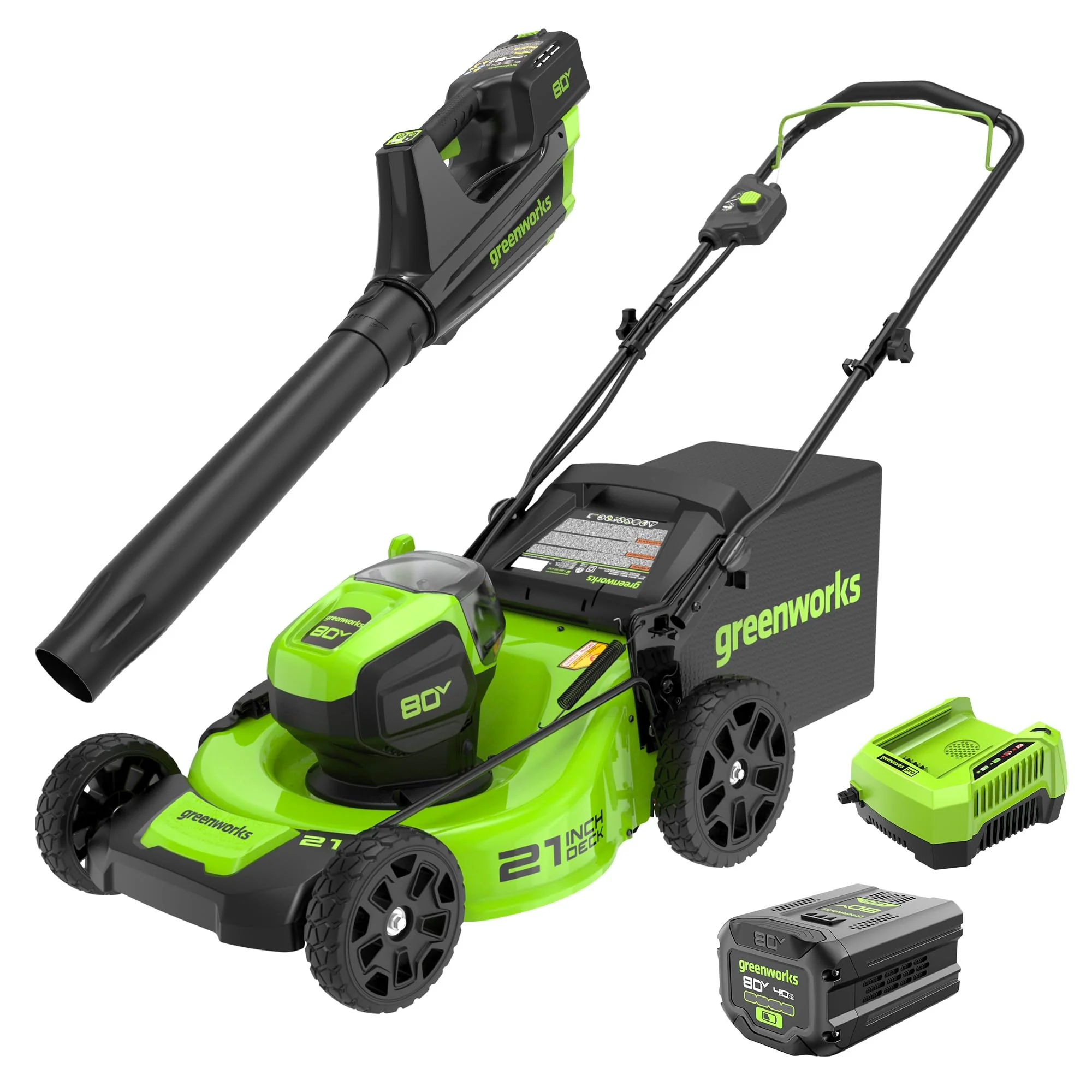 80V 21 Cordless Battery Brushless 3-in-1 Push Mower & 500CFM Axial Leaf Blower w/(2) 2.0Ah Batteries and Rapid Charger