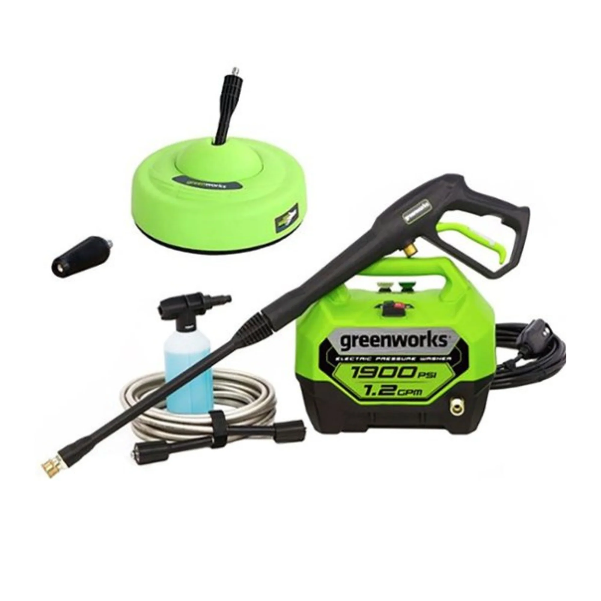 RENEWED 1900 PSI 1.2 GPM Cold Water Electric Pressure Washer w/ 11 Surface Cleaner and Soap Applicator Combo Kit