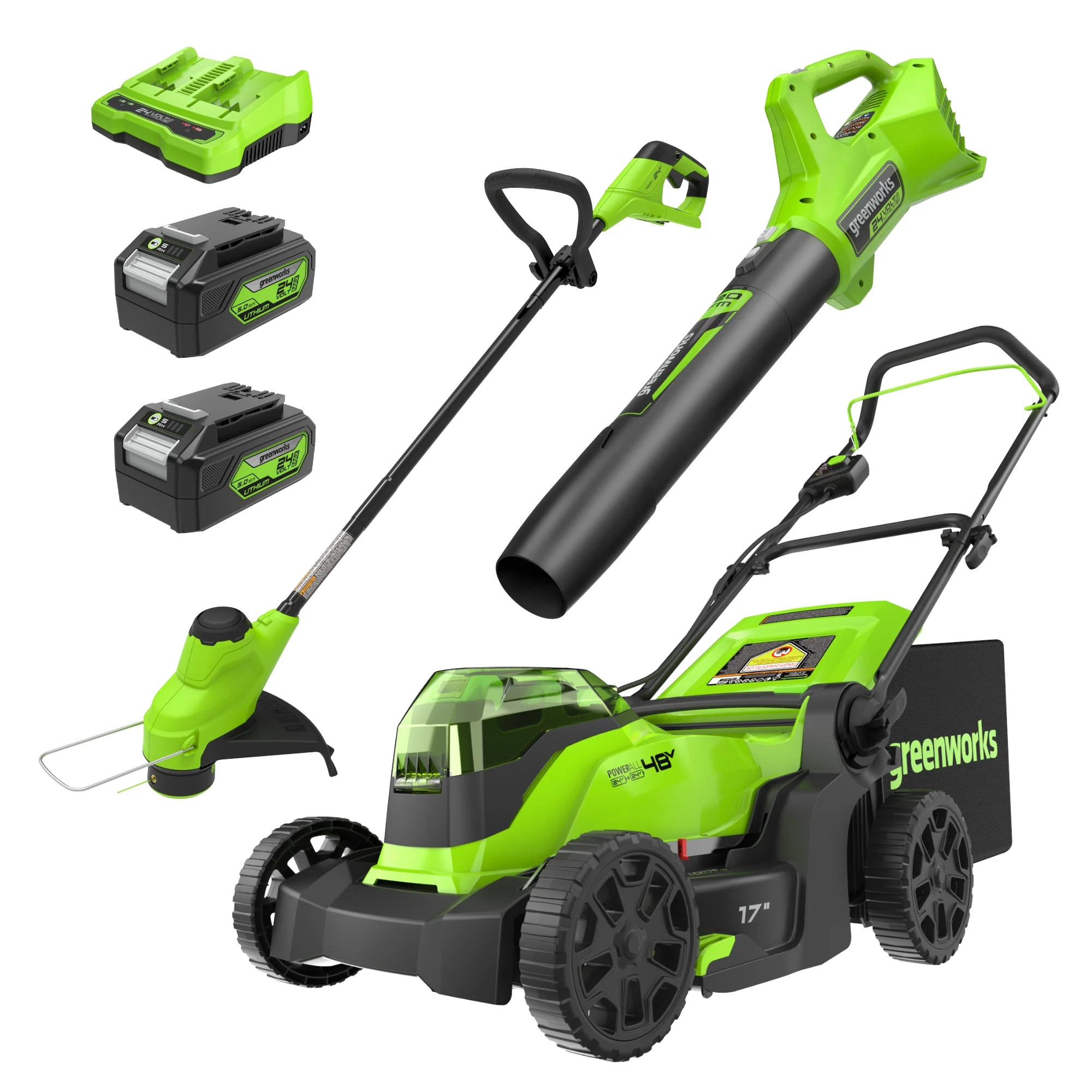 48V (2x24V) 17 Push Cordless Lawn Mower, 320CFM Leaf Blower & 12 String Trimmer Combo Kit w/ (2) 4.0 Ah USB Batteries