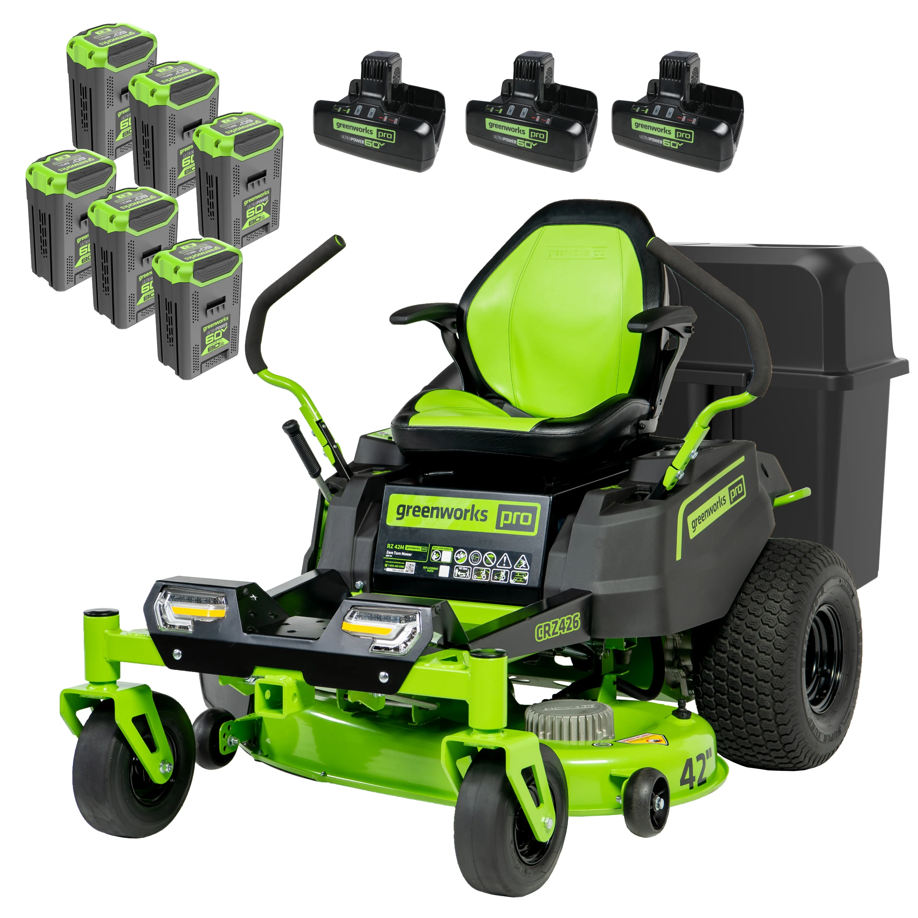 60V 42 Cordless Battery CrossoverZ Zero Turn Lawn Mower + Bagger w/ Six (6) 8.0Ah Batteries and Three (3) Dual Port Turbo Chargers