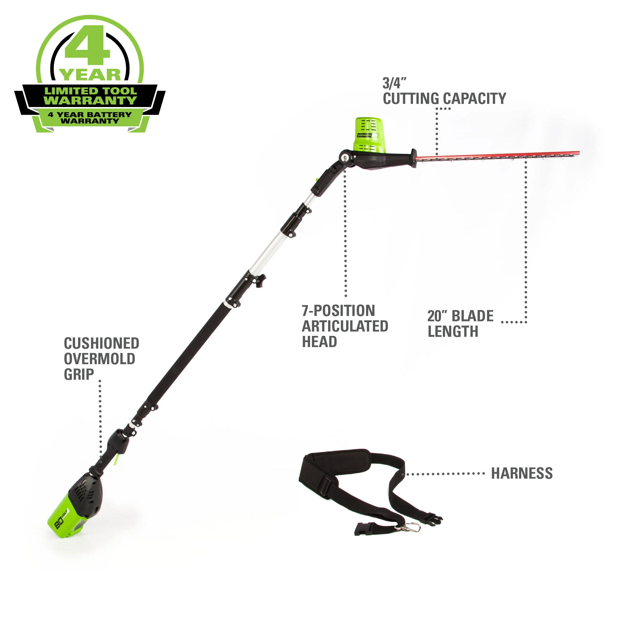 80V 20 Cordless Pole Hedge Trimmer (3/4“cut, 3000SPM), Tool Only