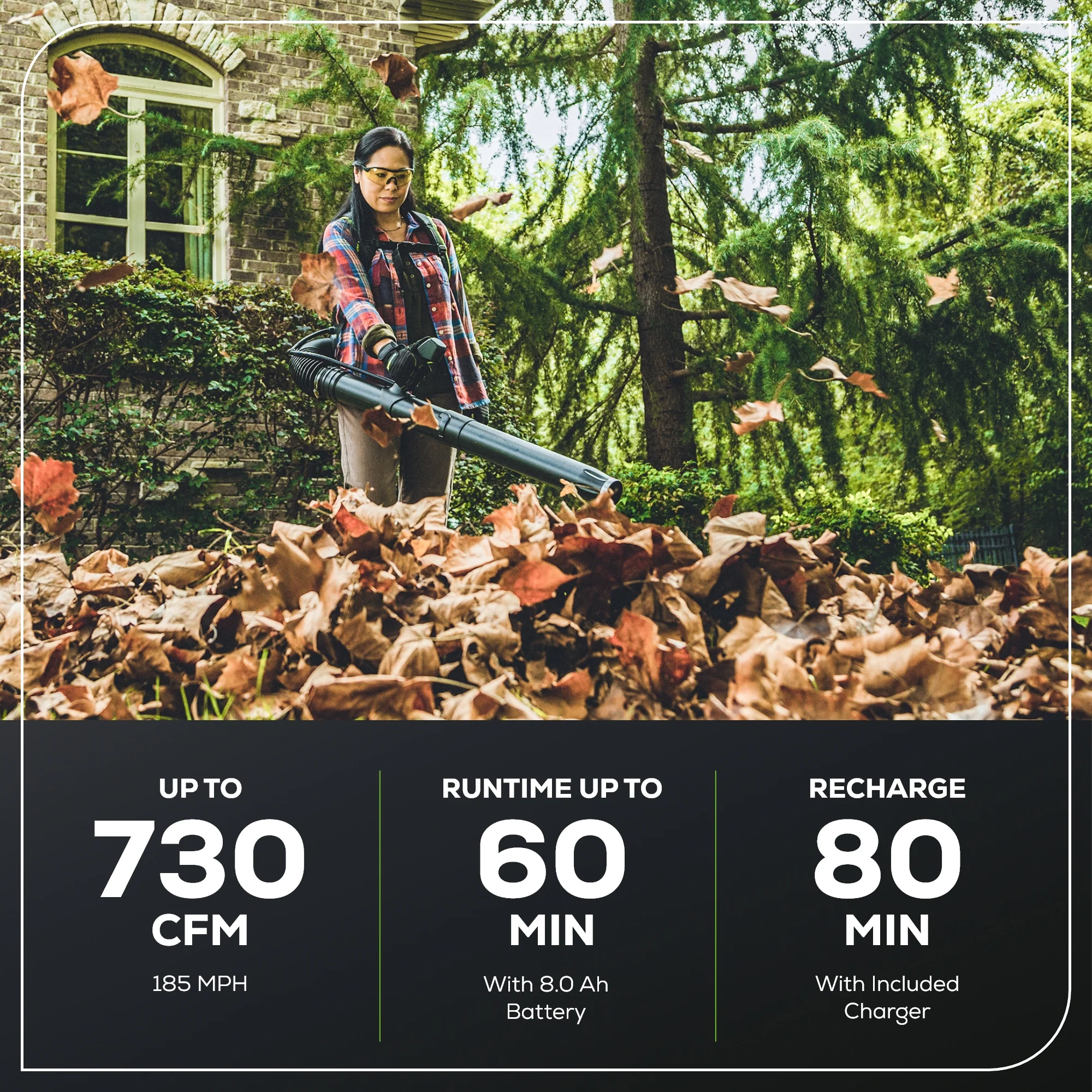 60V 730 CFM Cordless Battery Brushless Backpack Blower w/ 8.0Ah Battery & Charger