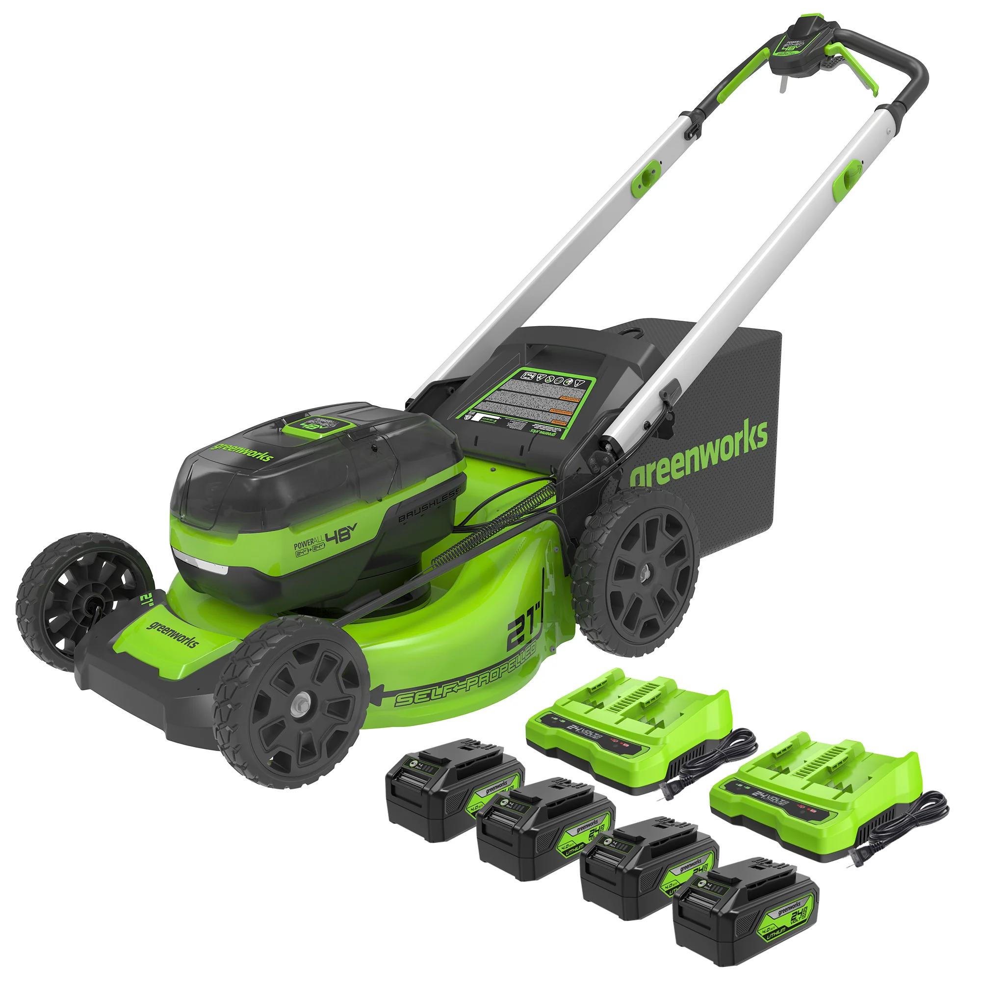 48V (2x24V) 21 Cordless Battery Self-Propelled Lawn Mower w/ (4) 4.0Ah USB Batteries & (2) Dual Port Chargers