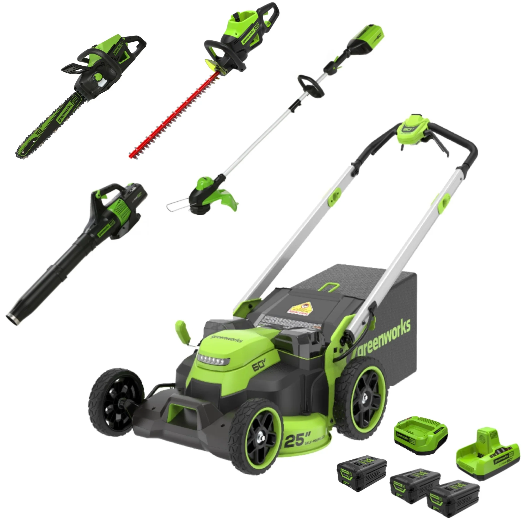 60V 25 Dual Blade Self-Propelled Mower 5-pc Combo Kit w/ (3) 4.0Ah Batteries, (1) Single Port Chargers & (1) Dual Port Charger