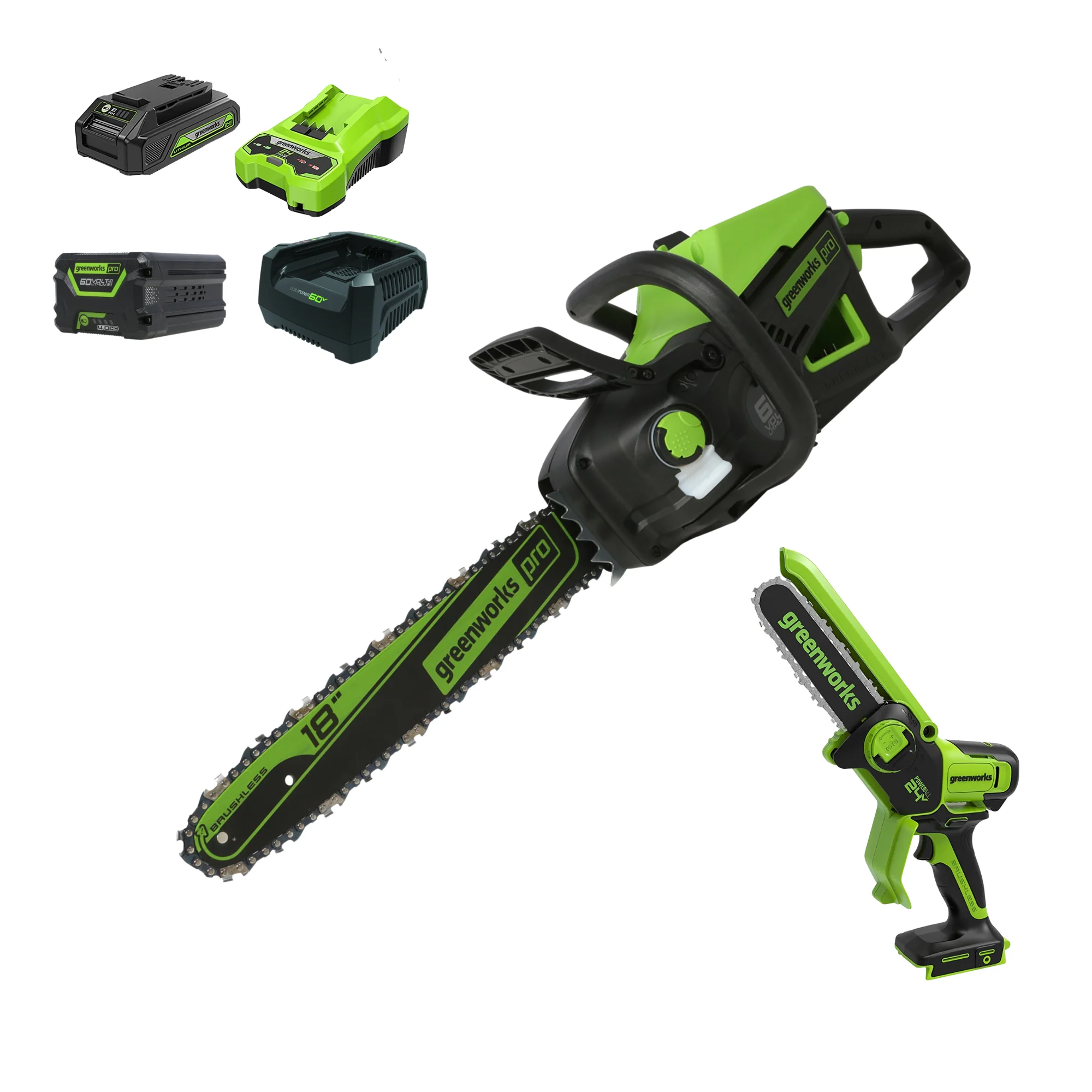 60V 18 Cordless Battery 2.0kW Chainsaw & 24V 6 Pruner Saw w/ (1) 4.0 Ah Battery, (1) 2.0 Ah Battery & (2) Chargers