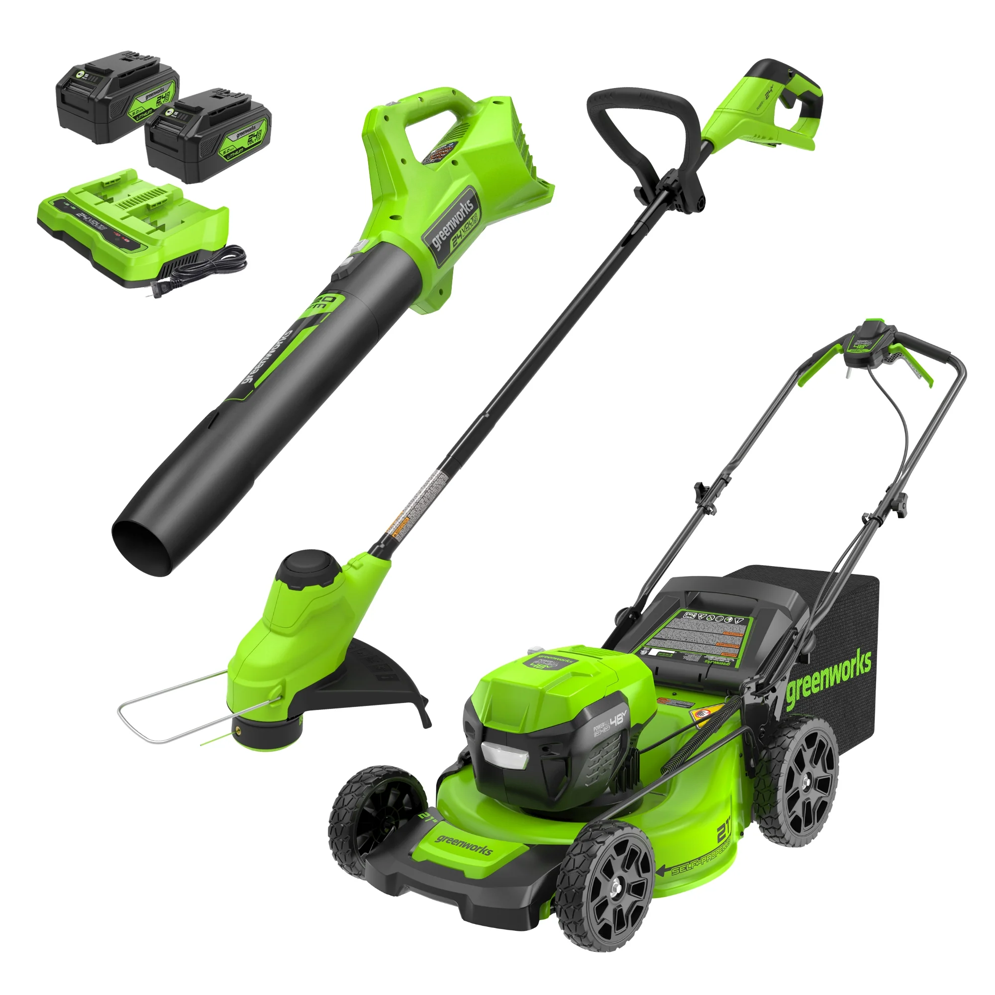 48V (2x24V) 21 Cordless Battery Self-Propelled Mower, 12 String Trimmer & 320 CFM Blower Combo Kit w/ (2) 5.0Ah Batteries & Chargers