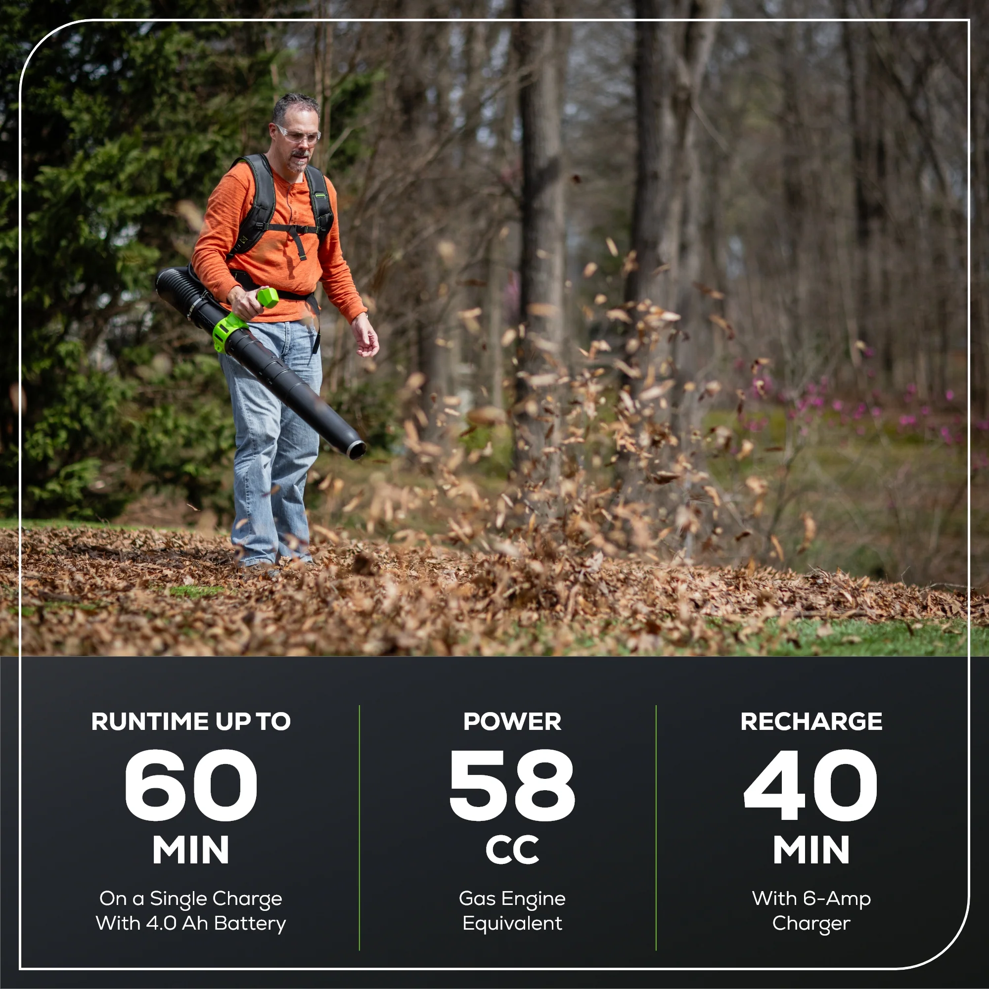 60V 800 CFM Cordless Battery Brushless Backpack Blower w/ 4.0Ah Battery & Charger