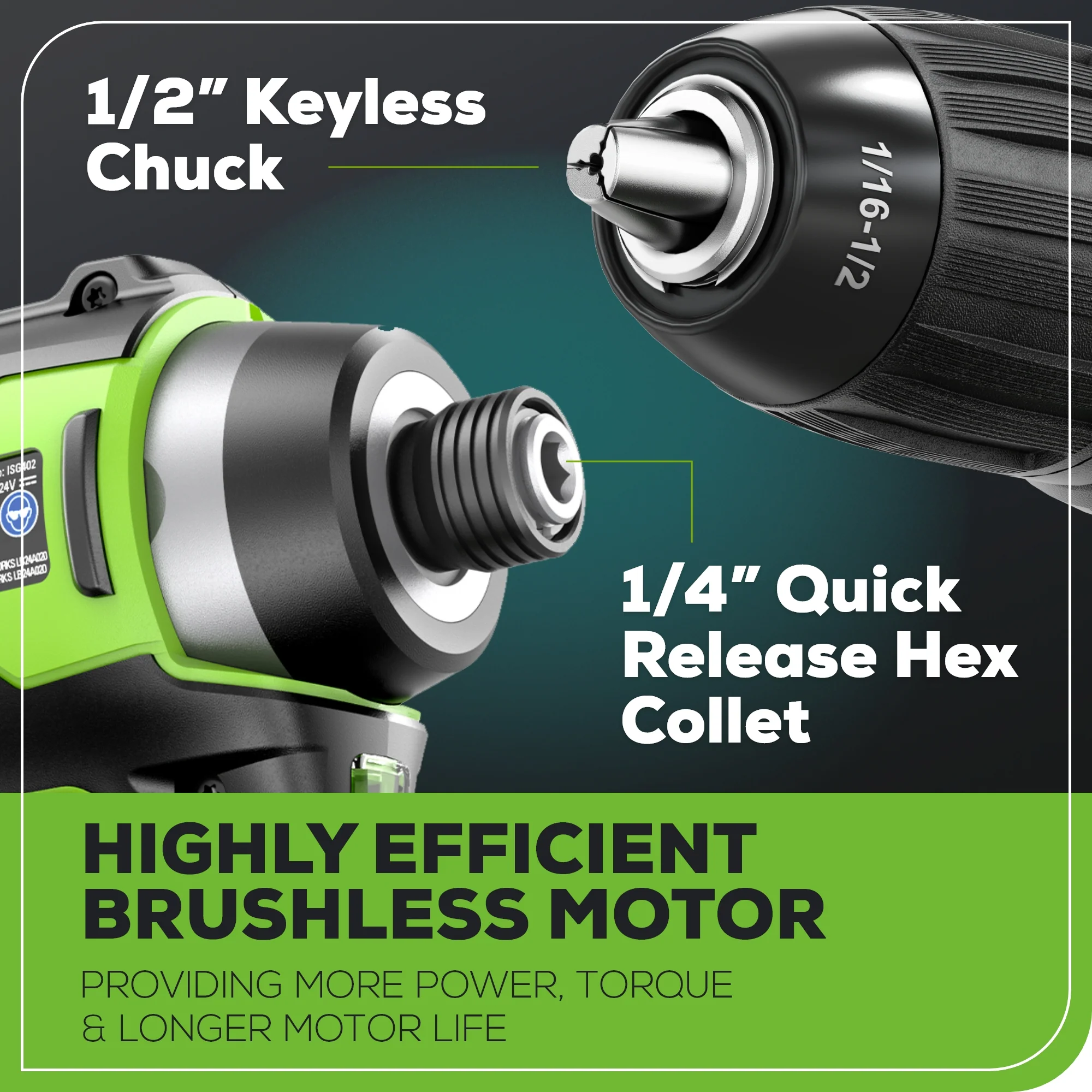 RENEWED 24V Brushless 1/2” Drill / Driver, 1/4” Hex Impact Driver, 8 pcs Bit Set & Bag Kit w/ (2) 2.0Ah Batteries & Charger
