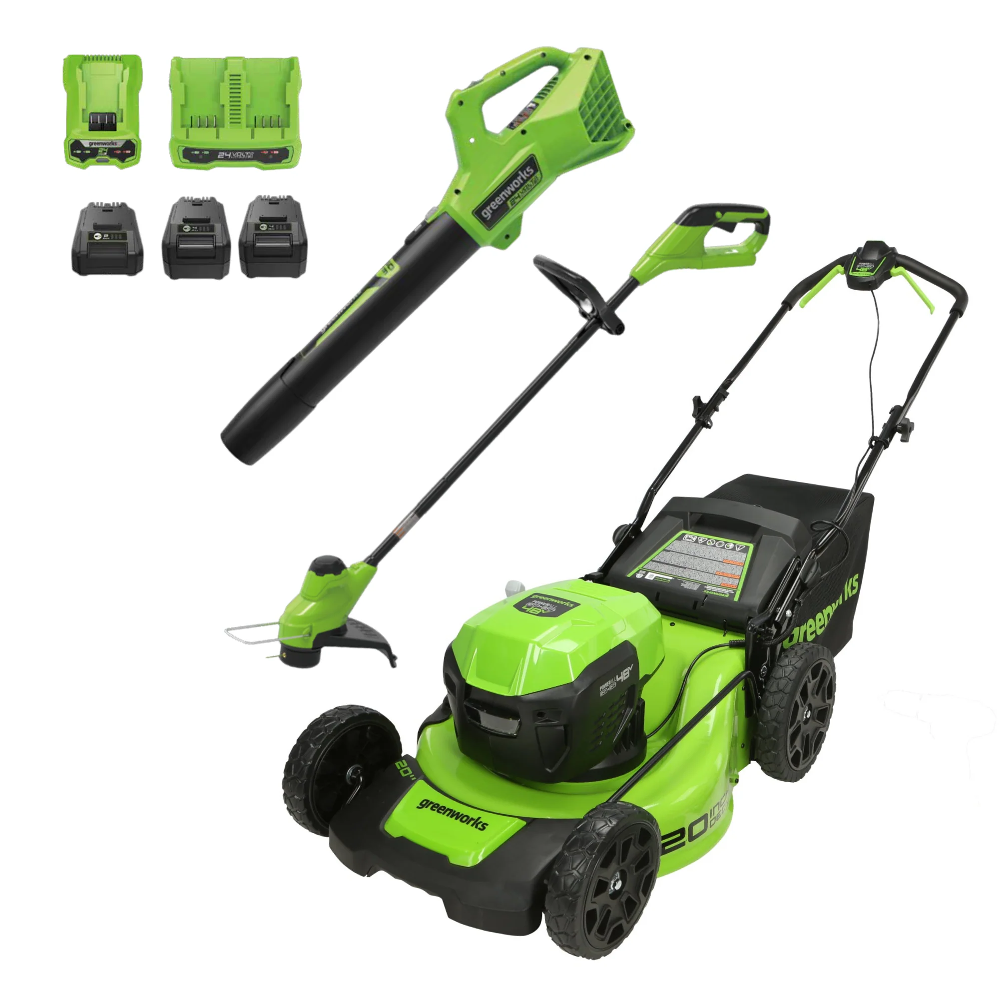 48V (2x24V) 20 Cordless Battery Push Mower 3PC Combo Kit w/ (2) 4.0Ah USB Batteries,(1) 2.0Ah Battery,(1) Dual Port Rapid Charger & (1) Charger