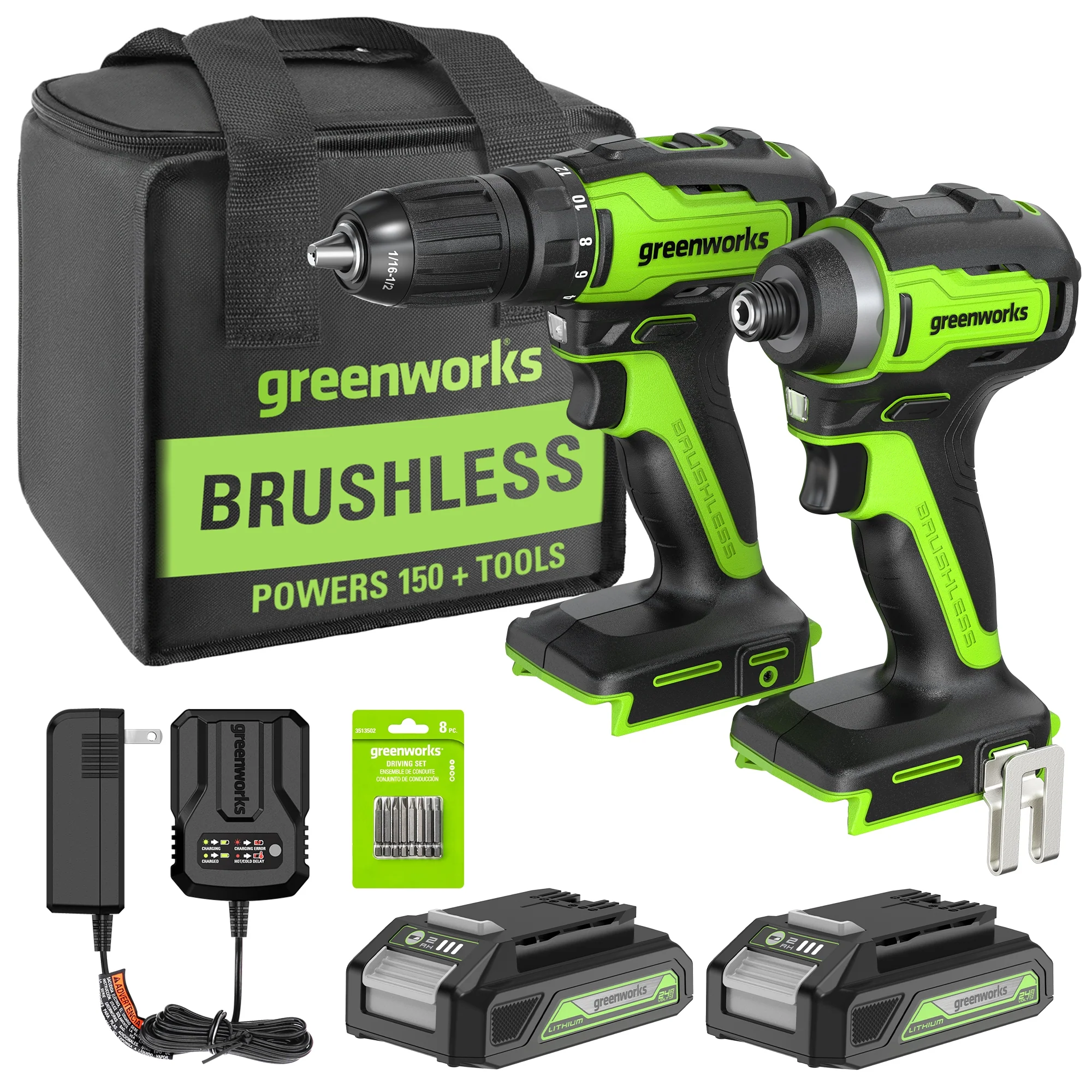 RENEWED 24V Brushless 1/2” Drill / Driver, 1/4” Hex Impact Driver, 8 pcs Bit Set & Bag Kit w/ (2) 2.0Ah Batteries & Charger